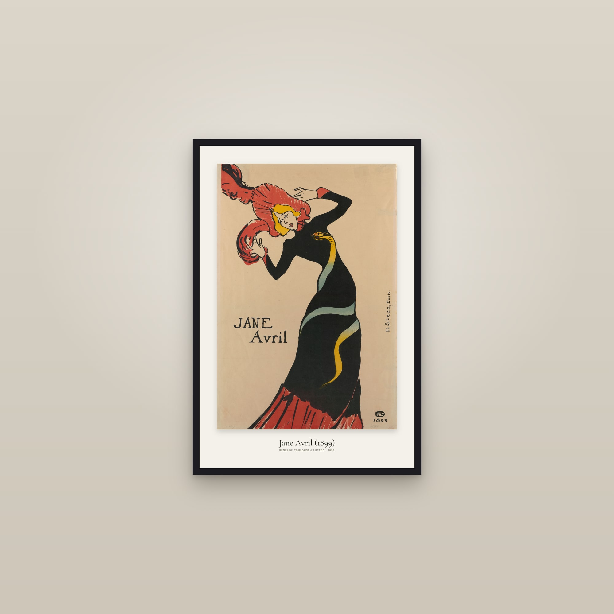 Jane Avril (1899) — framed in a gallery setting