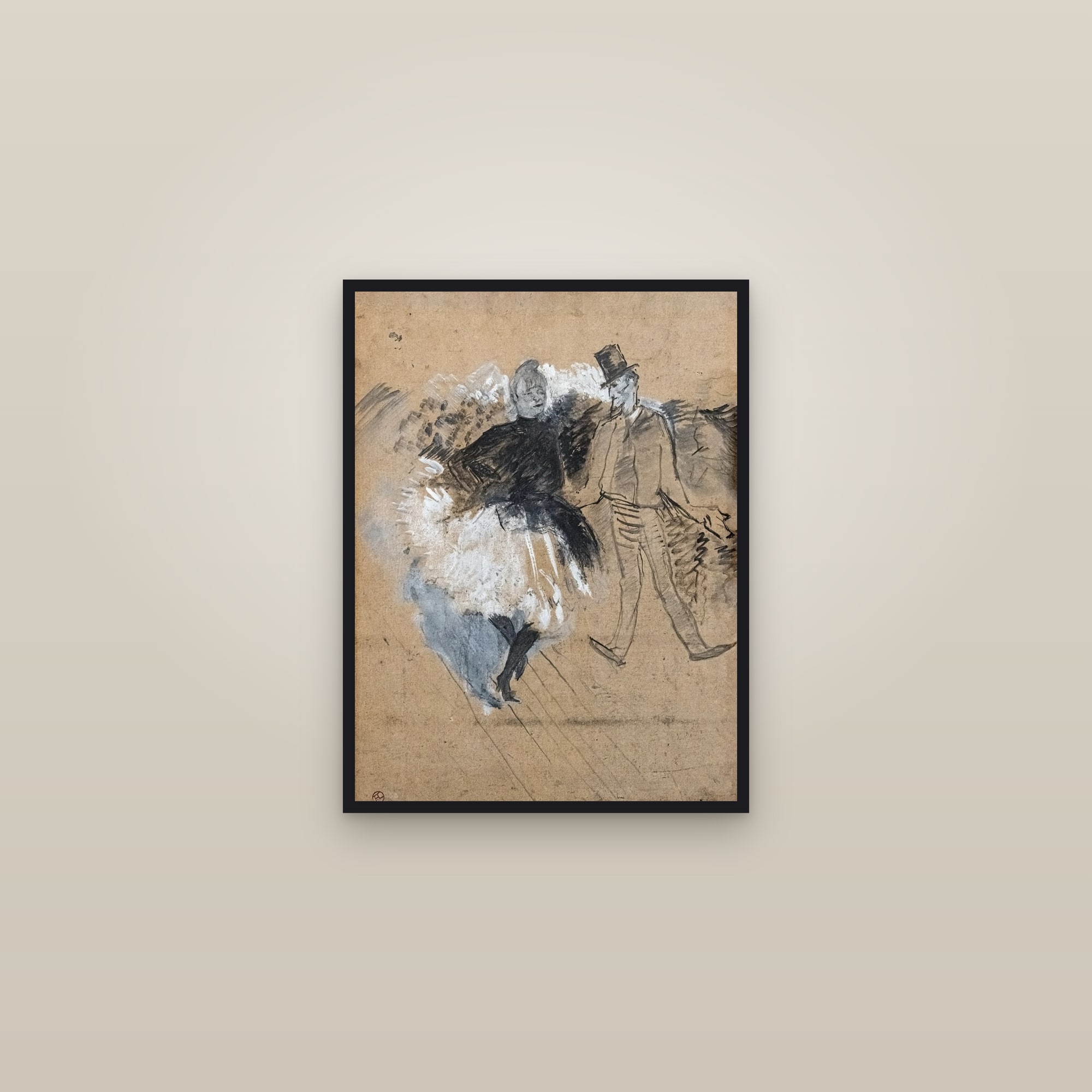 At the Moulin Rouge: La Goulue (Full) — Full-Bleed Edition — framed in a gallery setting