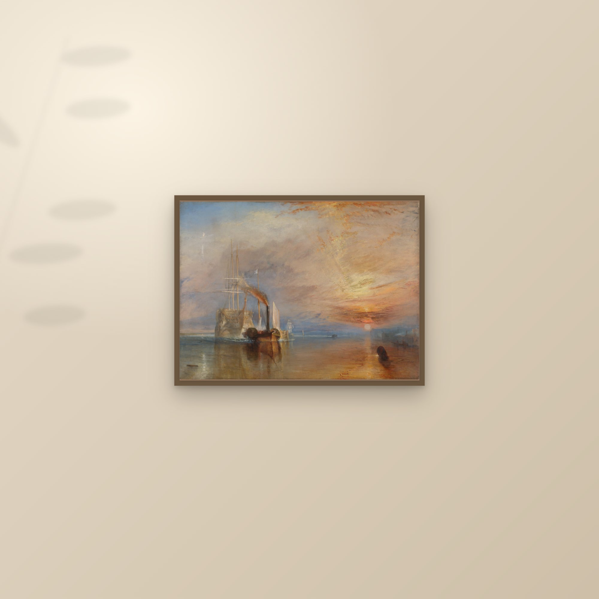The Fighting Temeraire (Full) — Full-Bleed Edition — framed and styled on a sunlit wall