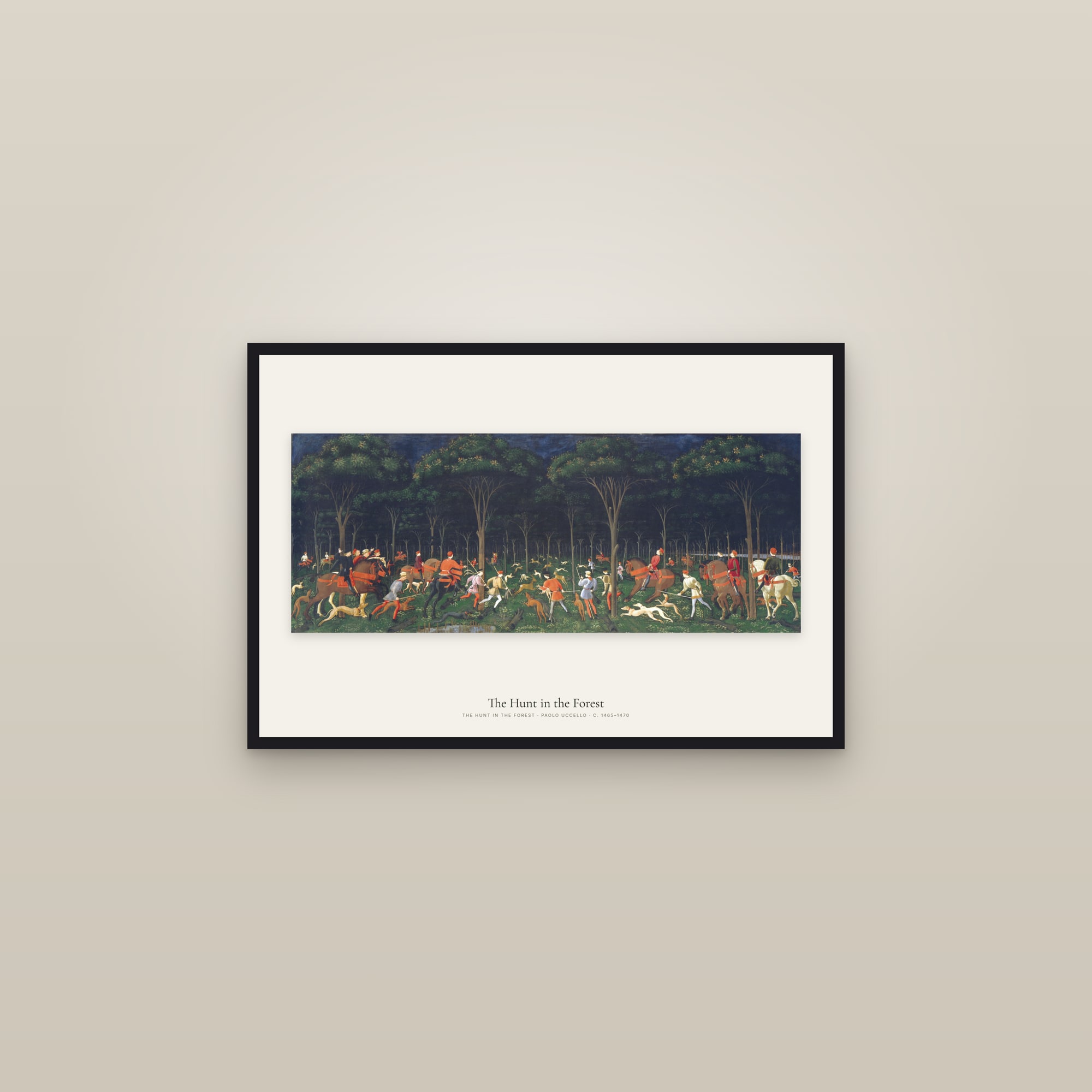 The Hunt in the Forest — framed in a gallery setting
