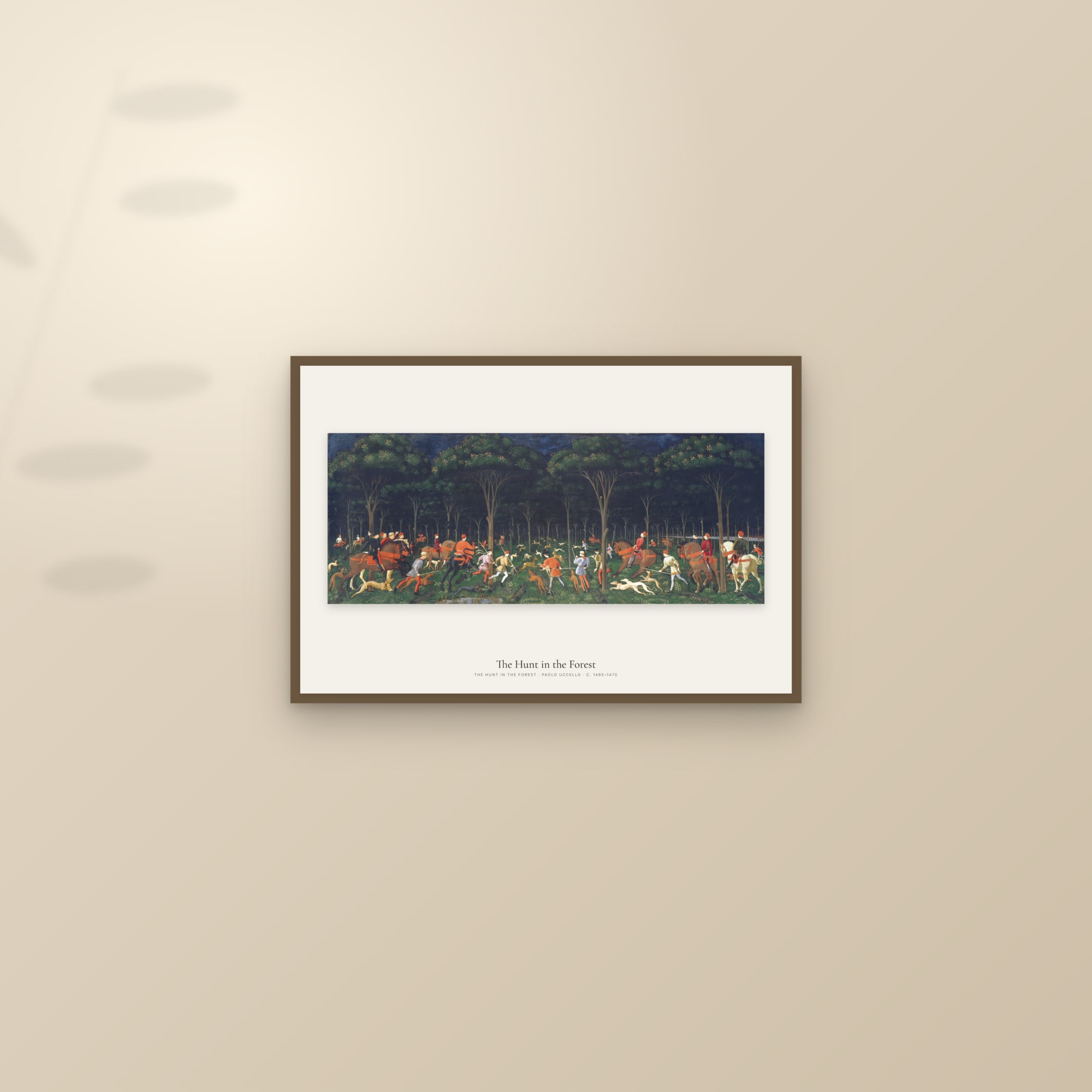 The Hunt in the Forest — framed and styled on a sunlit wall