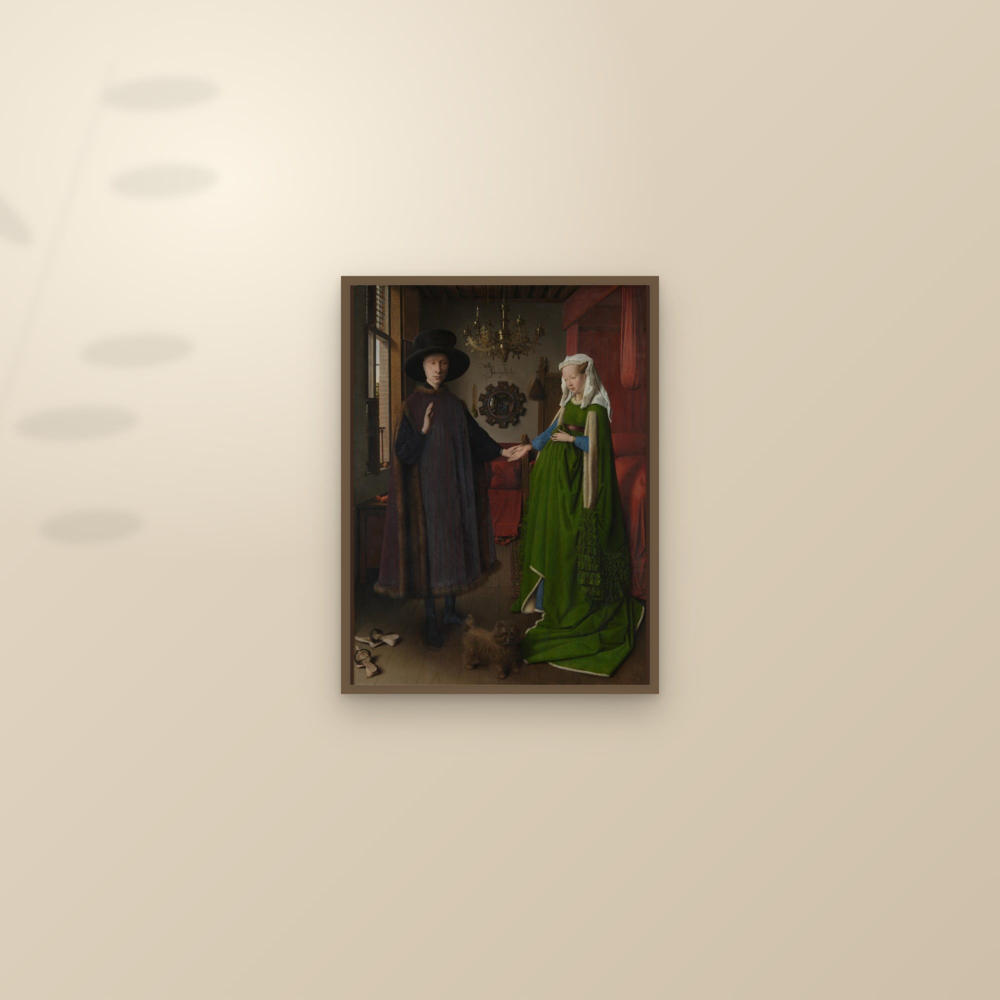 The Arnolfini Portrait (Full) — Full-Bleed Edition — framed and styled on a sunlit wall