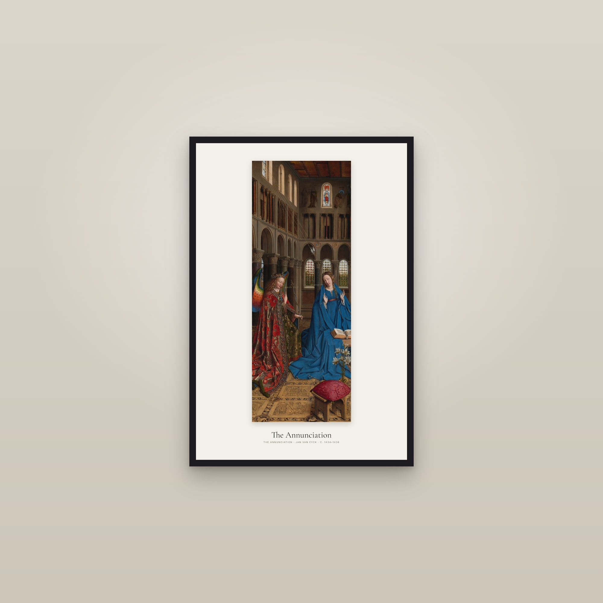 The Annunciation (Van Eyck) — framed in a gallery setting