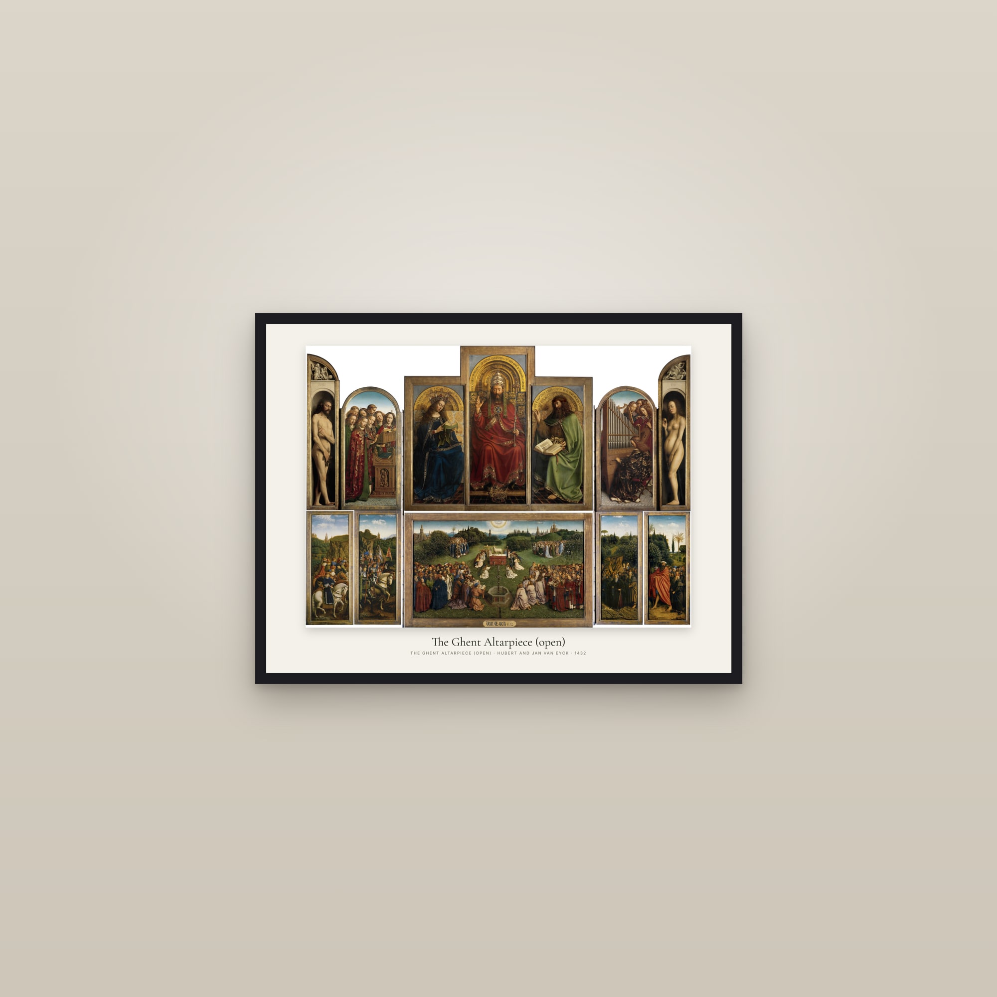 The Ghent Altarpiece (open) — framed in a gallery setting