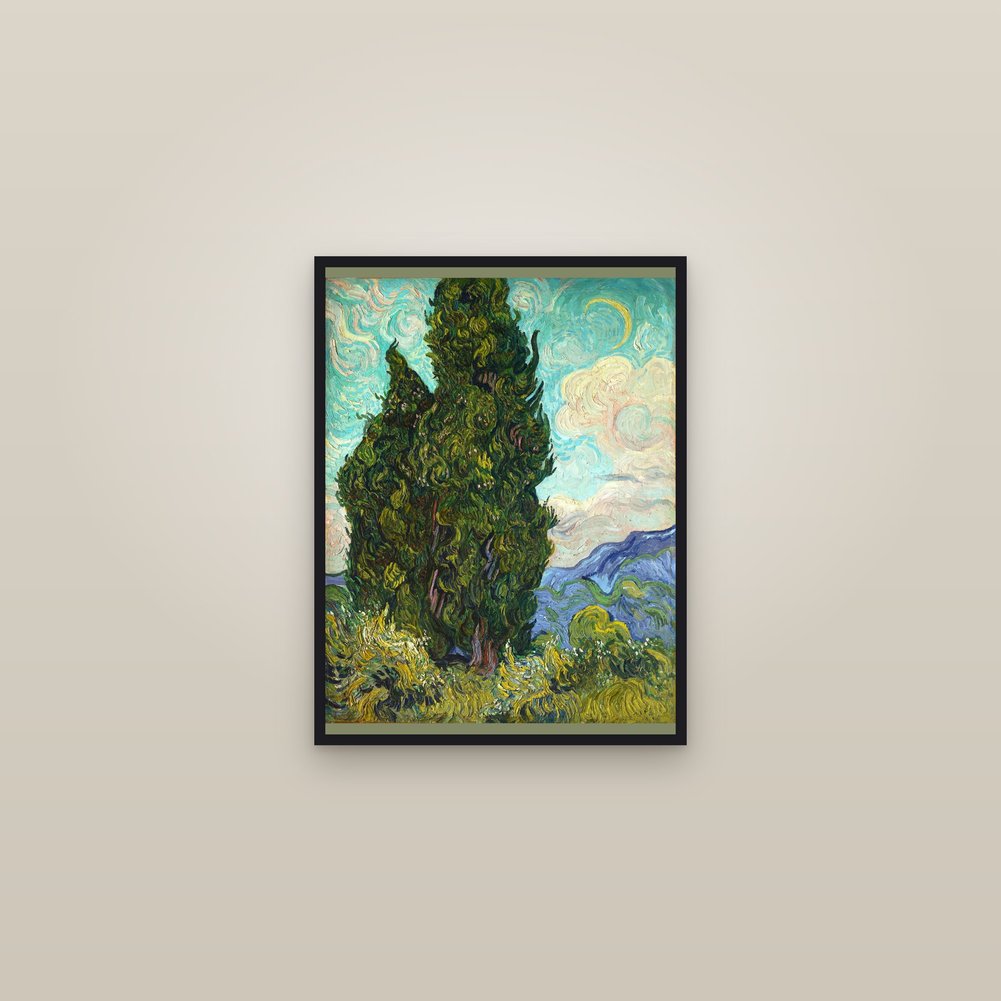 Cypresses (Full) — Full-Bleed Edition — framed in a gallery setting
