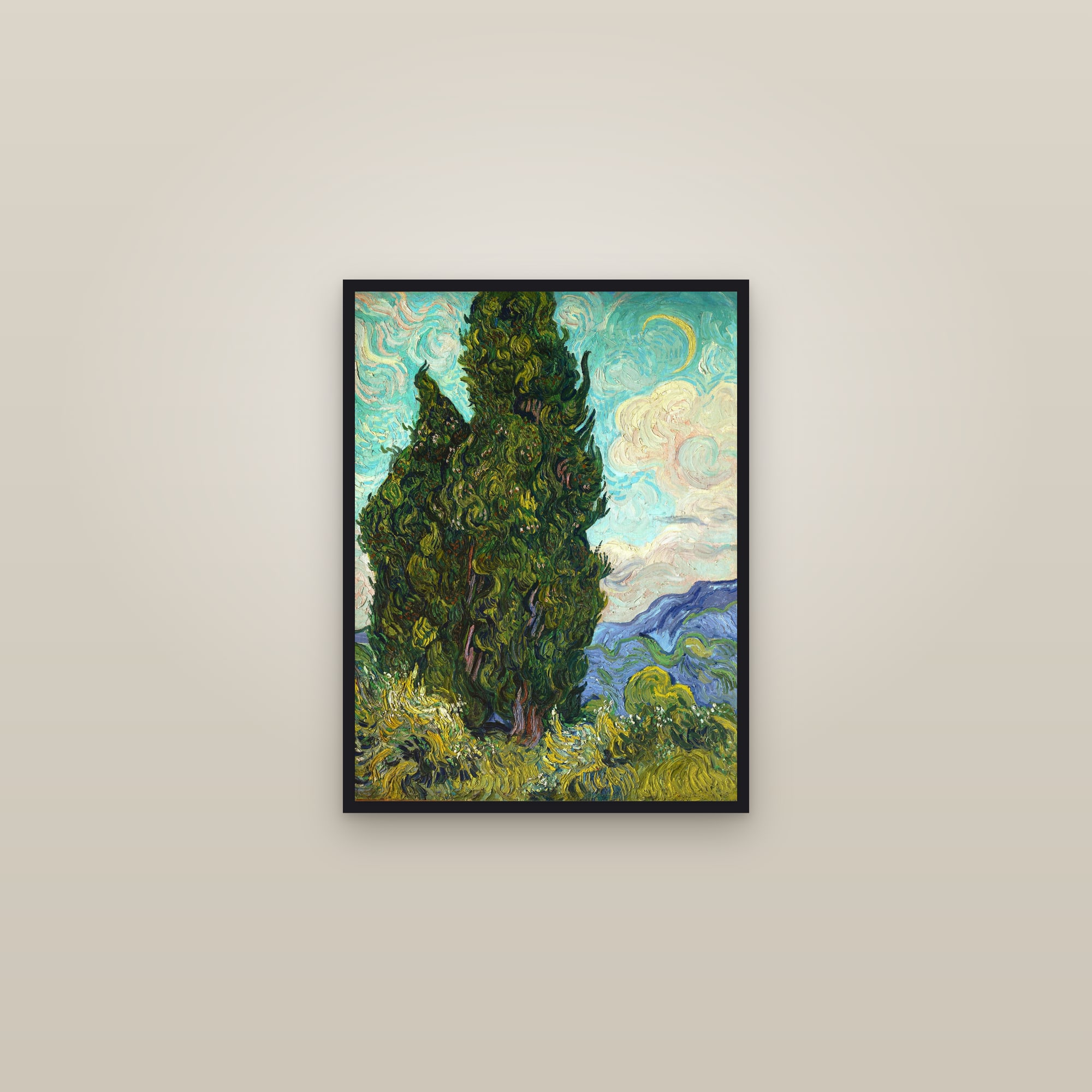 Cypresses (Full) — Full-Bleed Edition — framed in a gallery setting