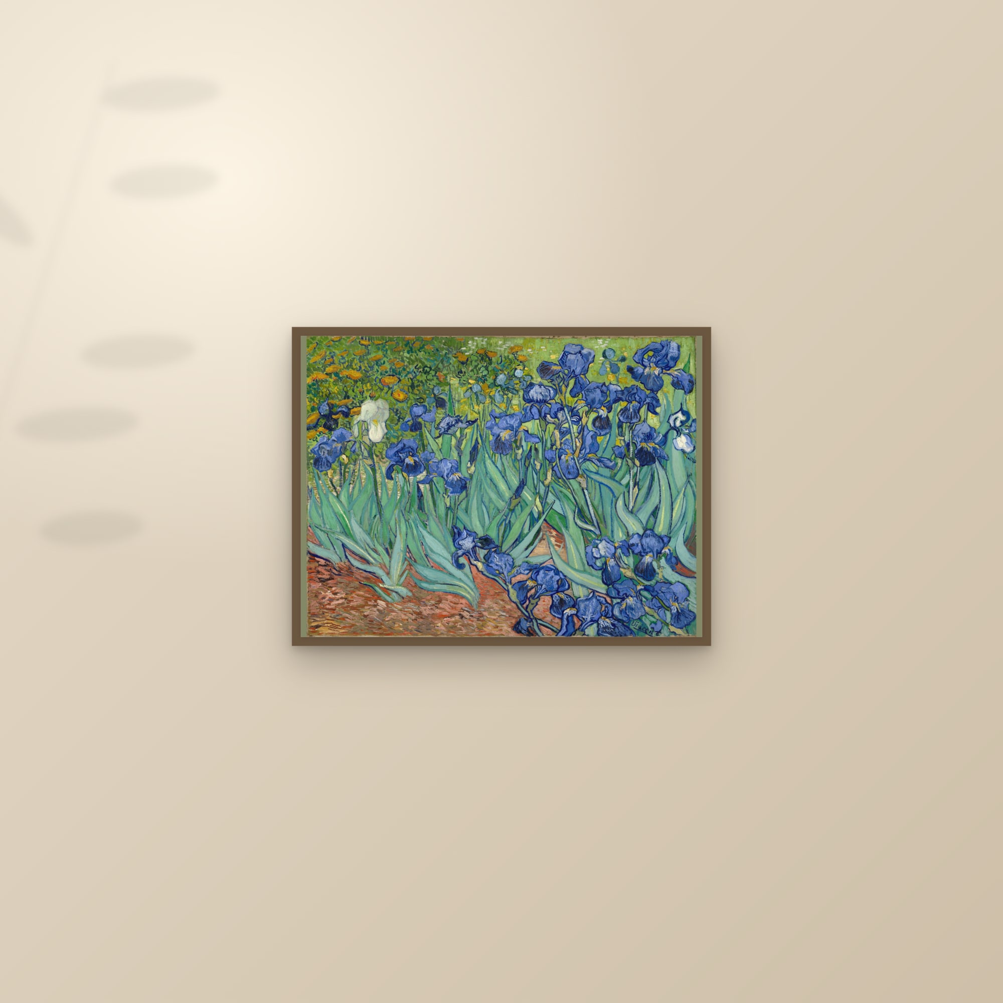 Irises (Full) — Full-Bleed Edition — framed and styled on a sunlit wall