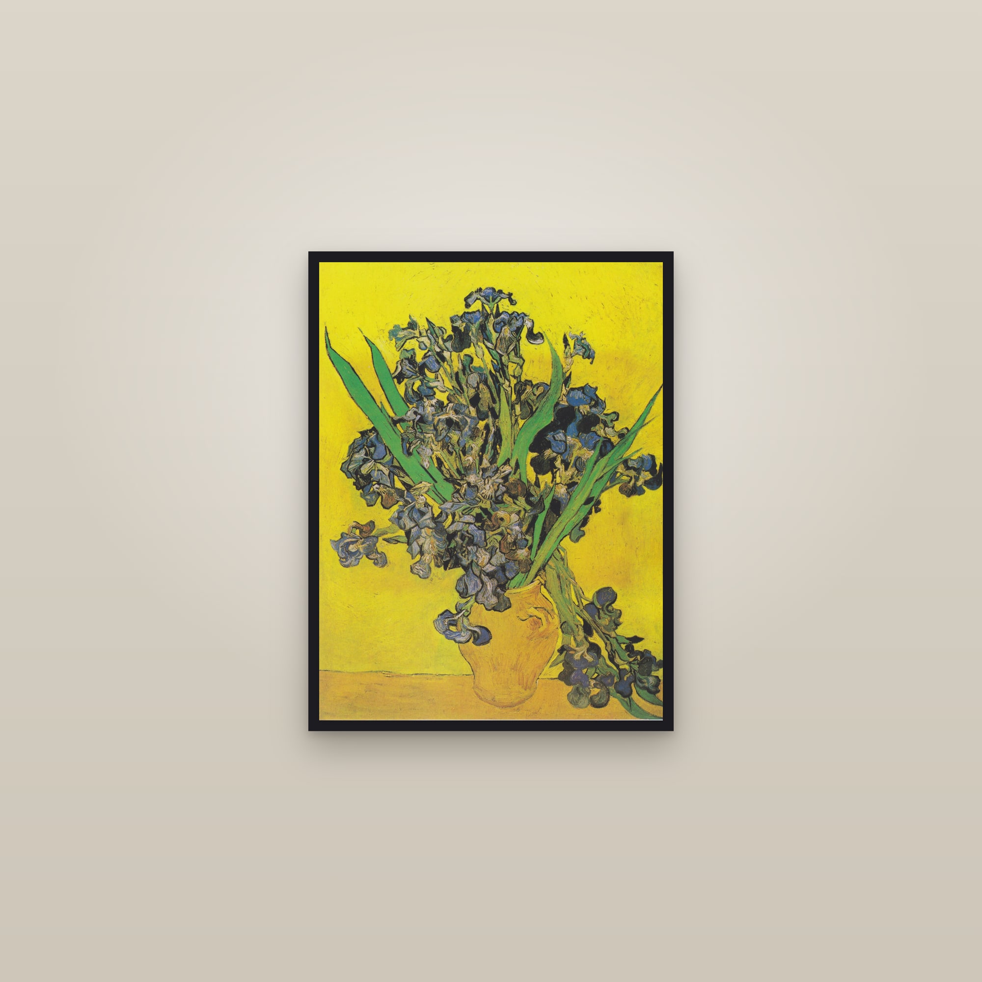 Irises (Vase with Irises Against a Yellow Background) (Full) — Full-Bleed Edition — framed in a gallery setting
