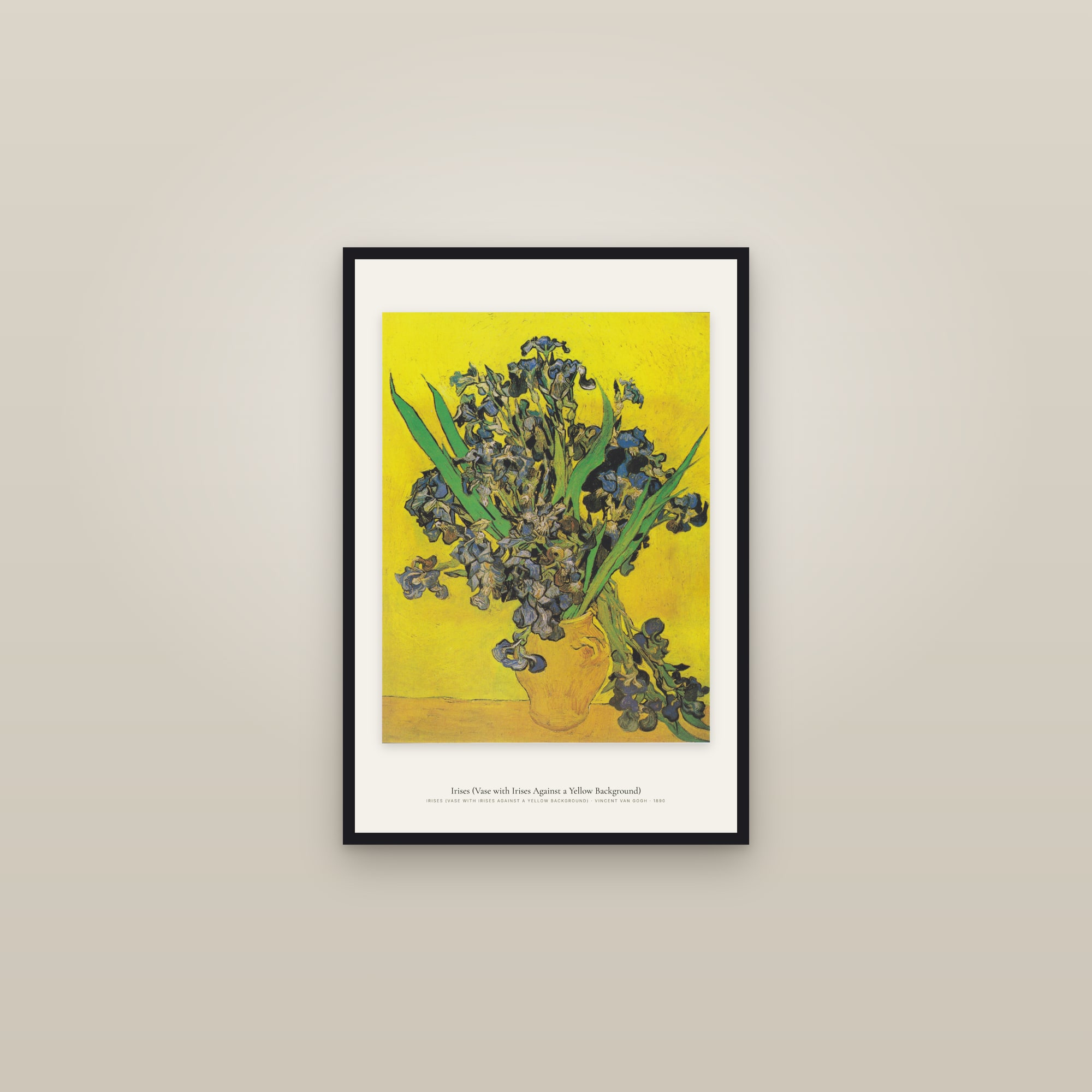 Irises (Vase with Irises Against a Yellow Background) — framed in a gallery setting