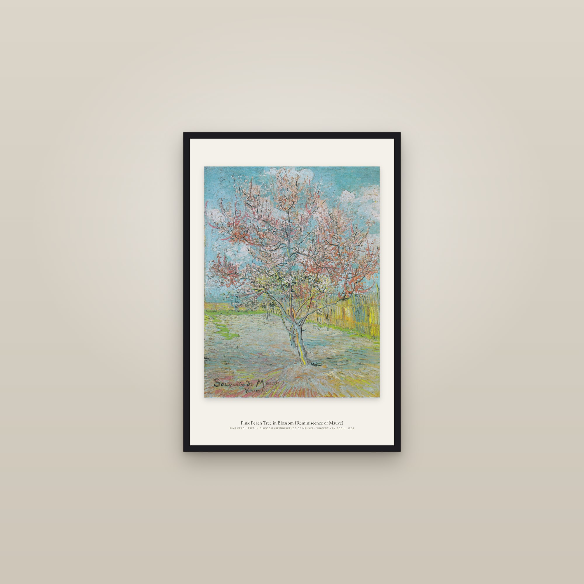 Pink Peach Tree in Blossom (Reminiscence of Mauve) — framed in a gallery setting