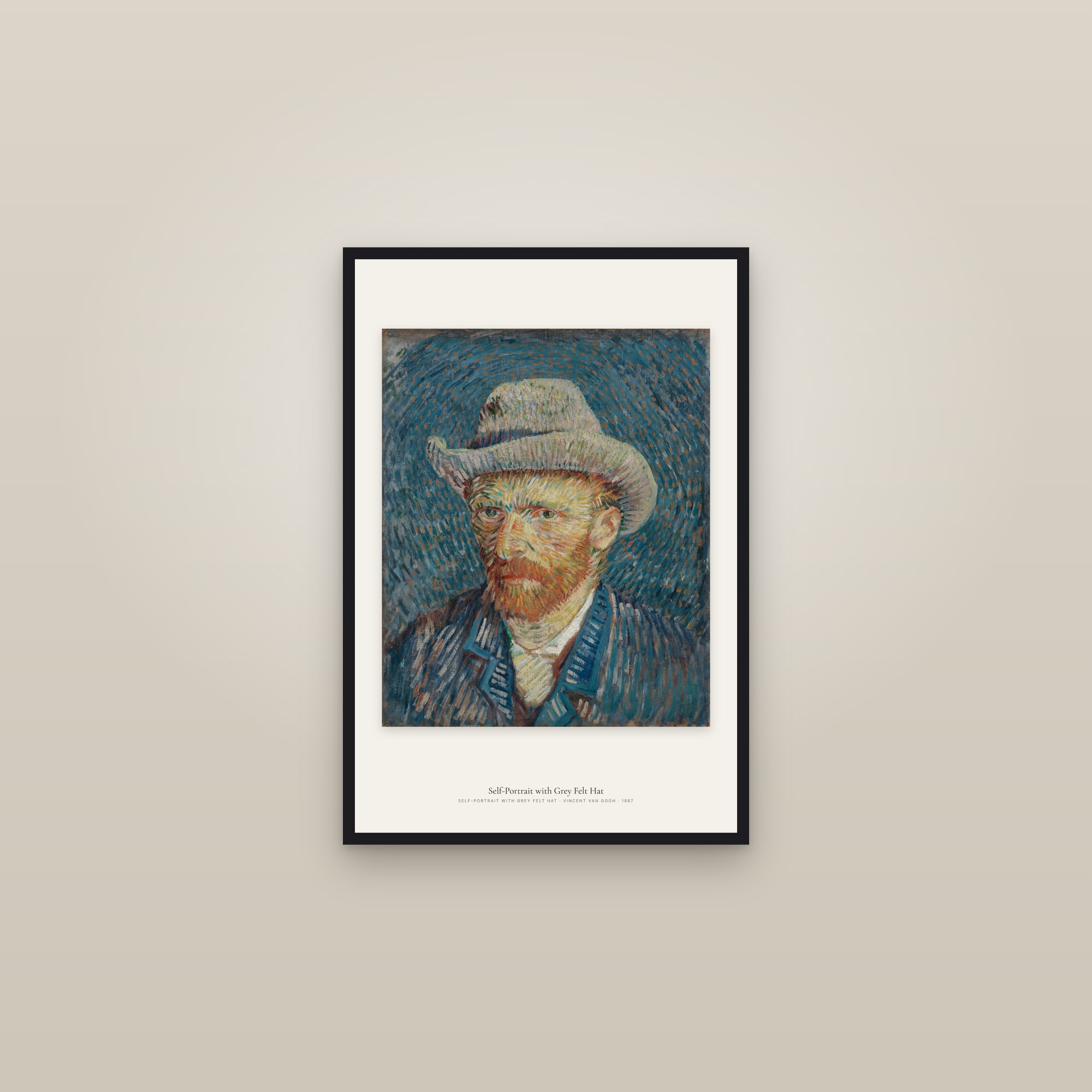 Self-Portrait with Grey Felt Hat — framed in a gallery setting