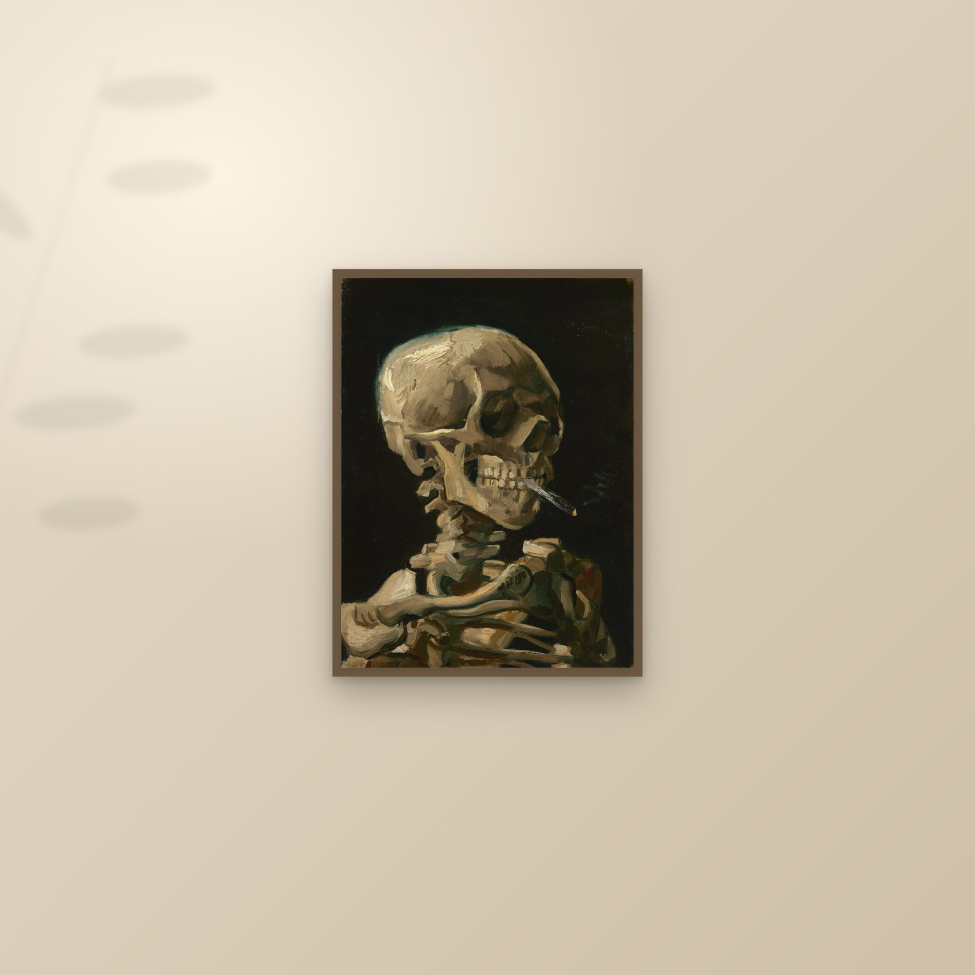 Skull of a Skeleton with Burning Cigarette (Full) — Full-Bleed Edition — framed and styled on a sunlit wall