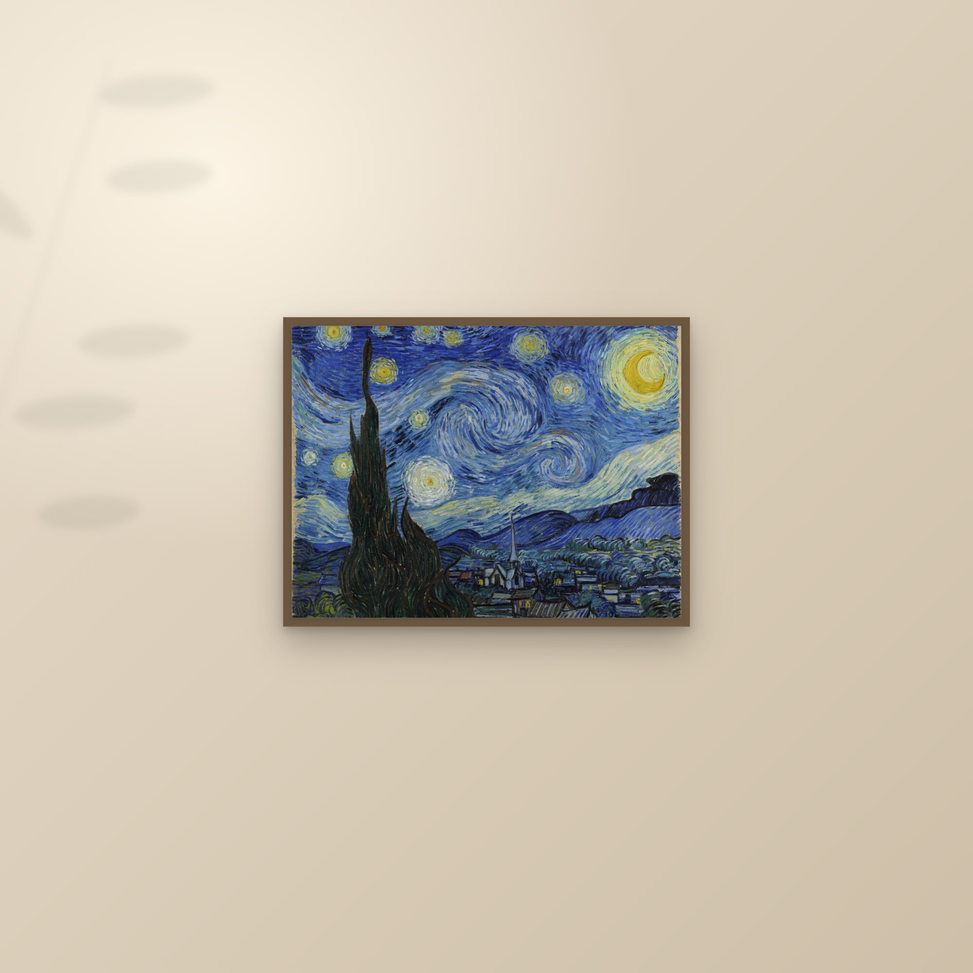 The Starry Night (Full) — Full-Bleed Edition — framed and styled on a sunlit wall