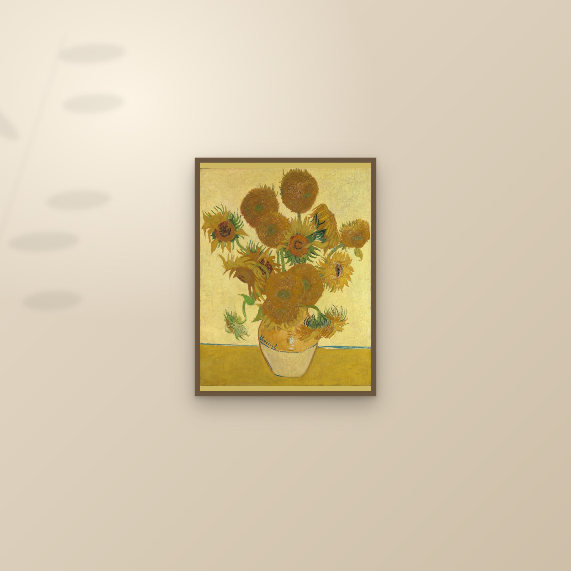 Sunflowers (Full) — Full-Bleed Edition — framed and styled on a sunlit wall