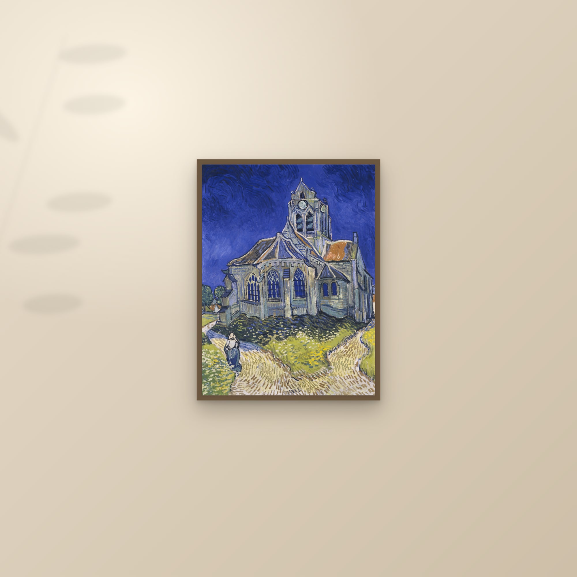 The Church at Auvers (Full) — Full-Bleed Edition — framed and styled on a sunlit wall