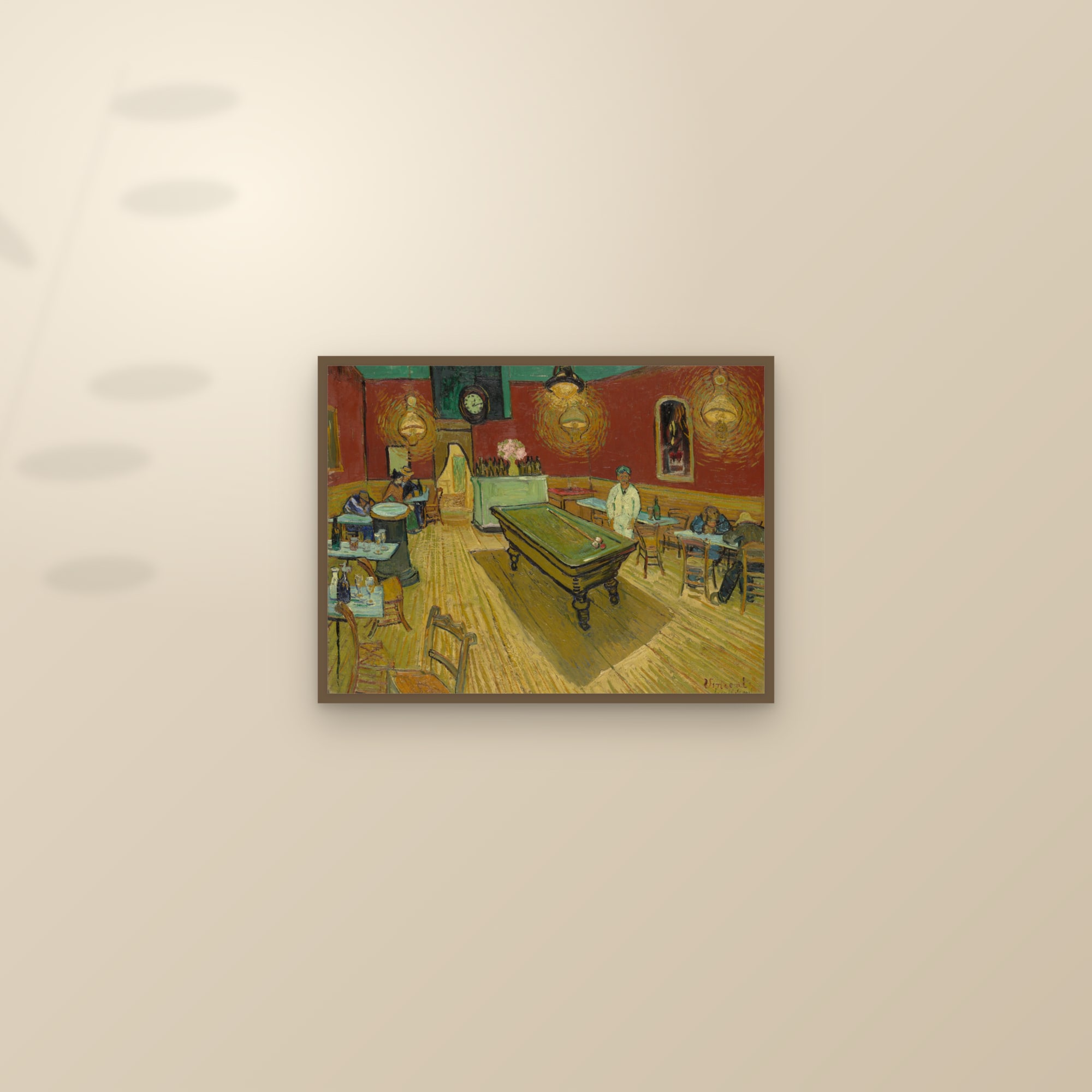 The Night Café (Full) — Full-Bleed Edition — framed and styled on a sunlit wall