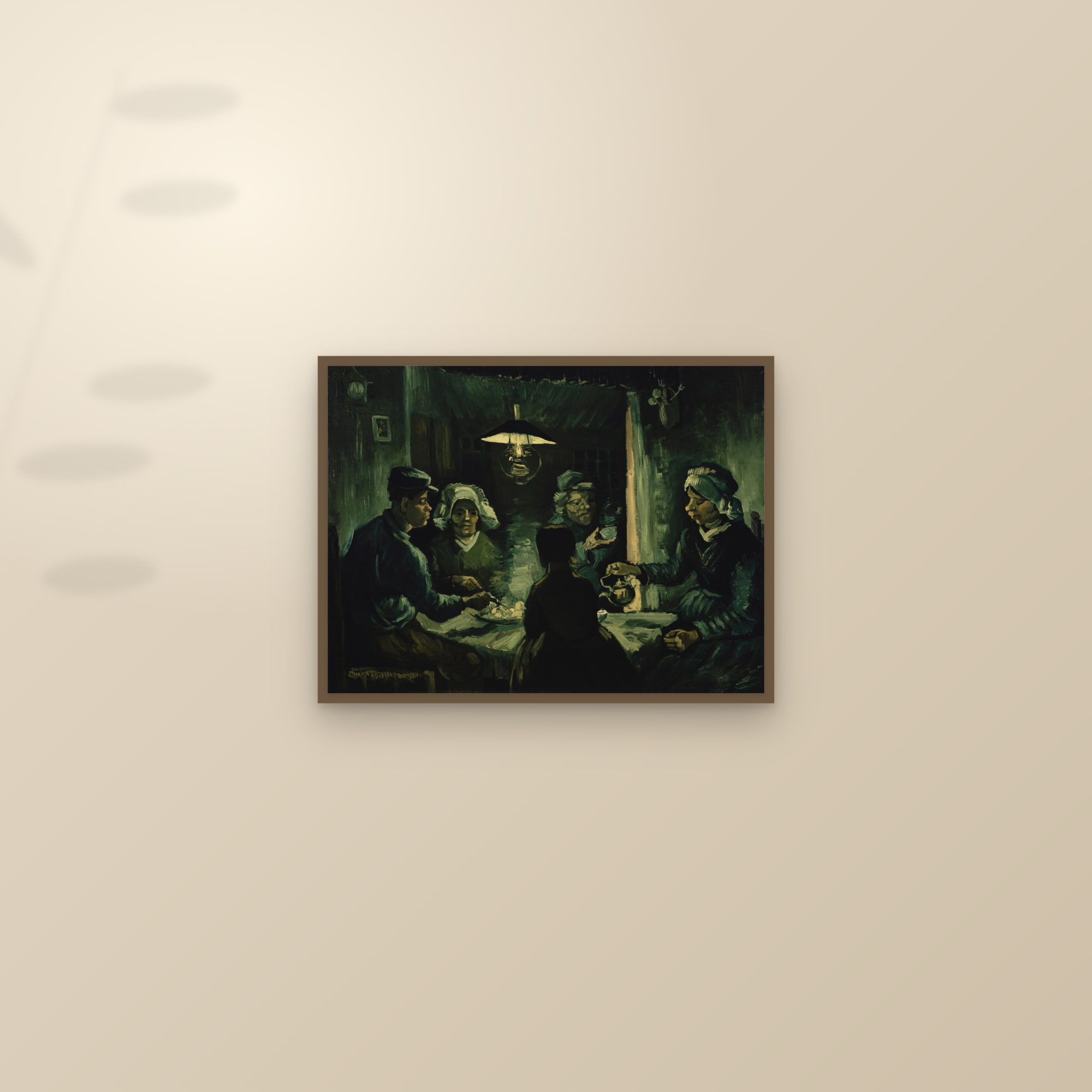 The Potato Eaters (Full) — Full-Bleed Edition — framed and styled on a sunlit wall