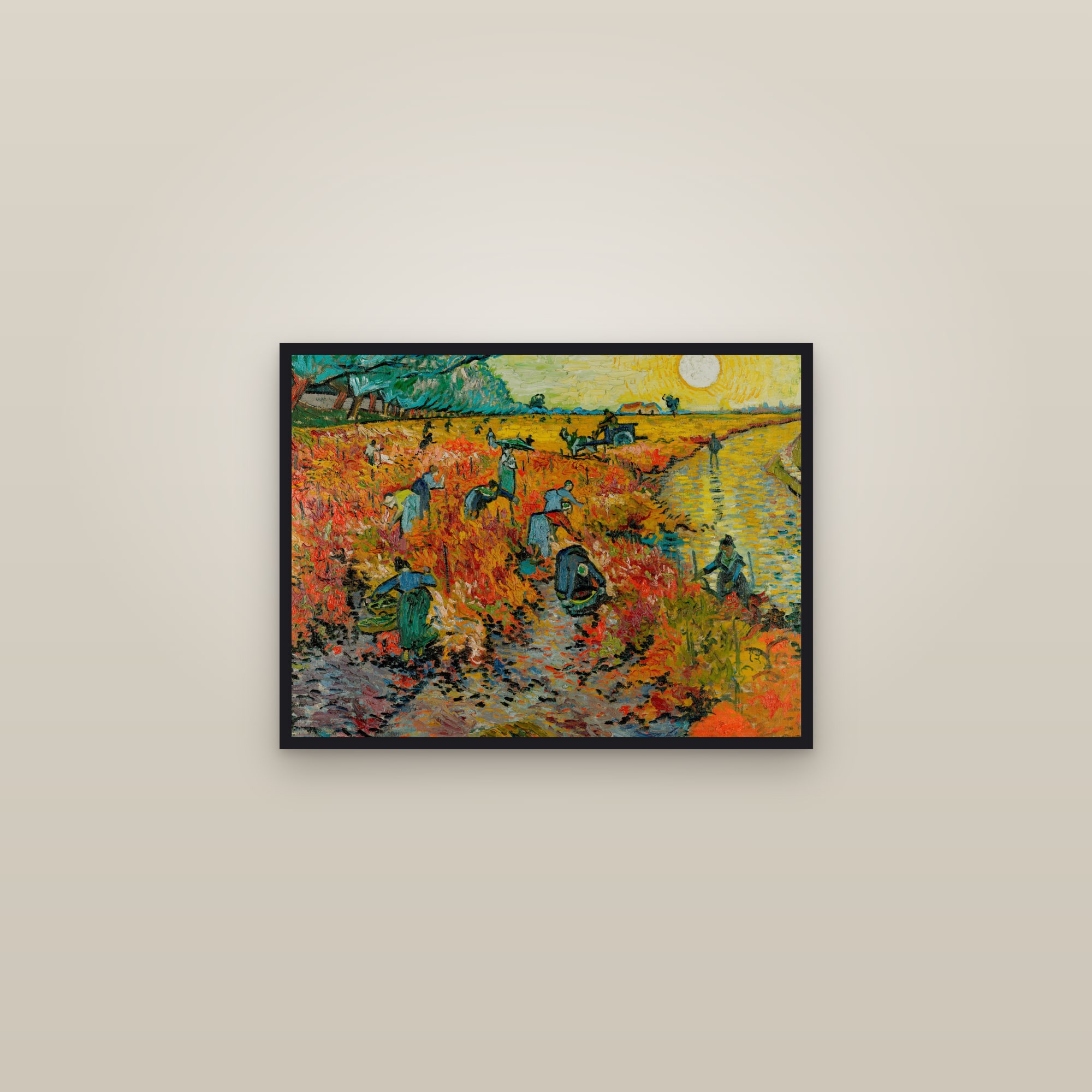 The Red Vineyard (Full) — Full-Bleed Edition — framed in a gallery setting