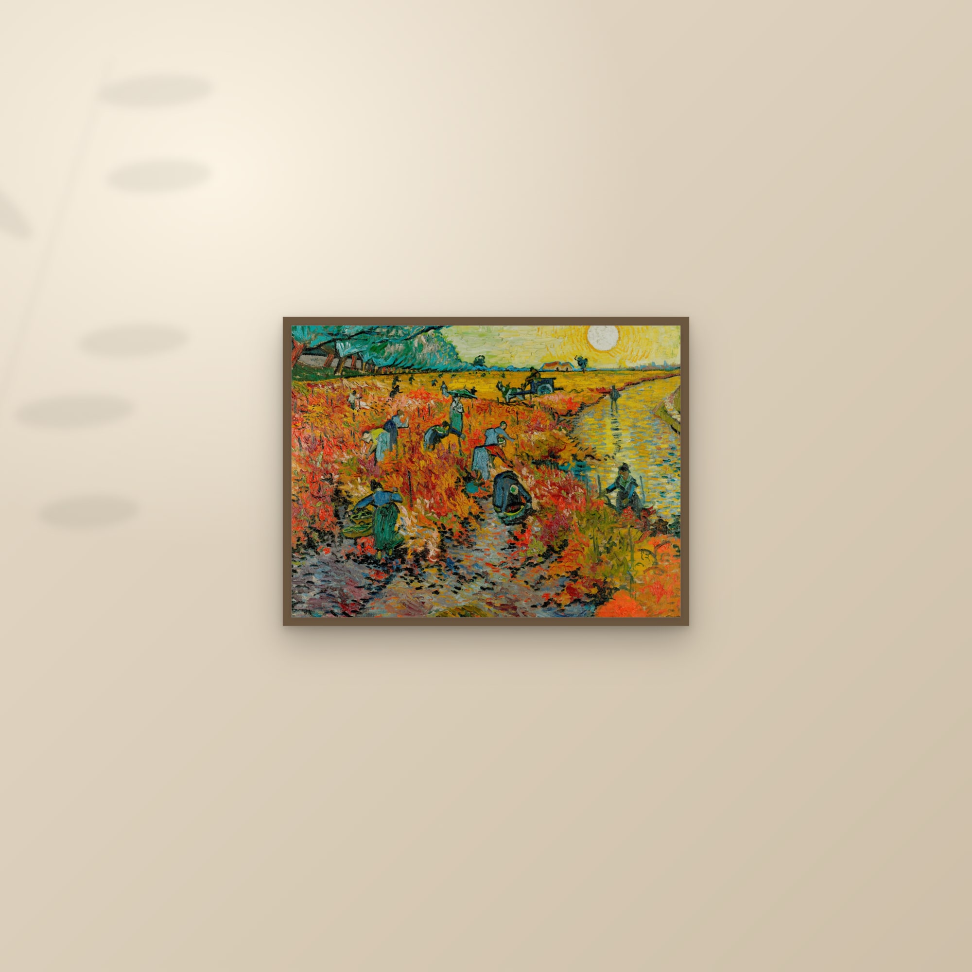 The Red Vineyard (Full) — Full-Bleed Edition — framed and styled on a sunlit wall
