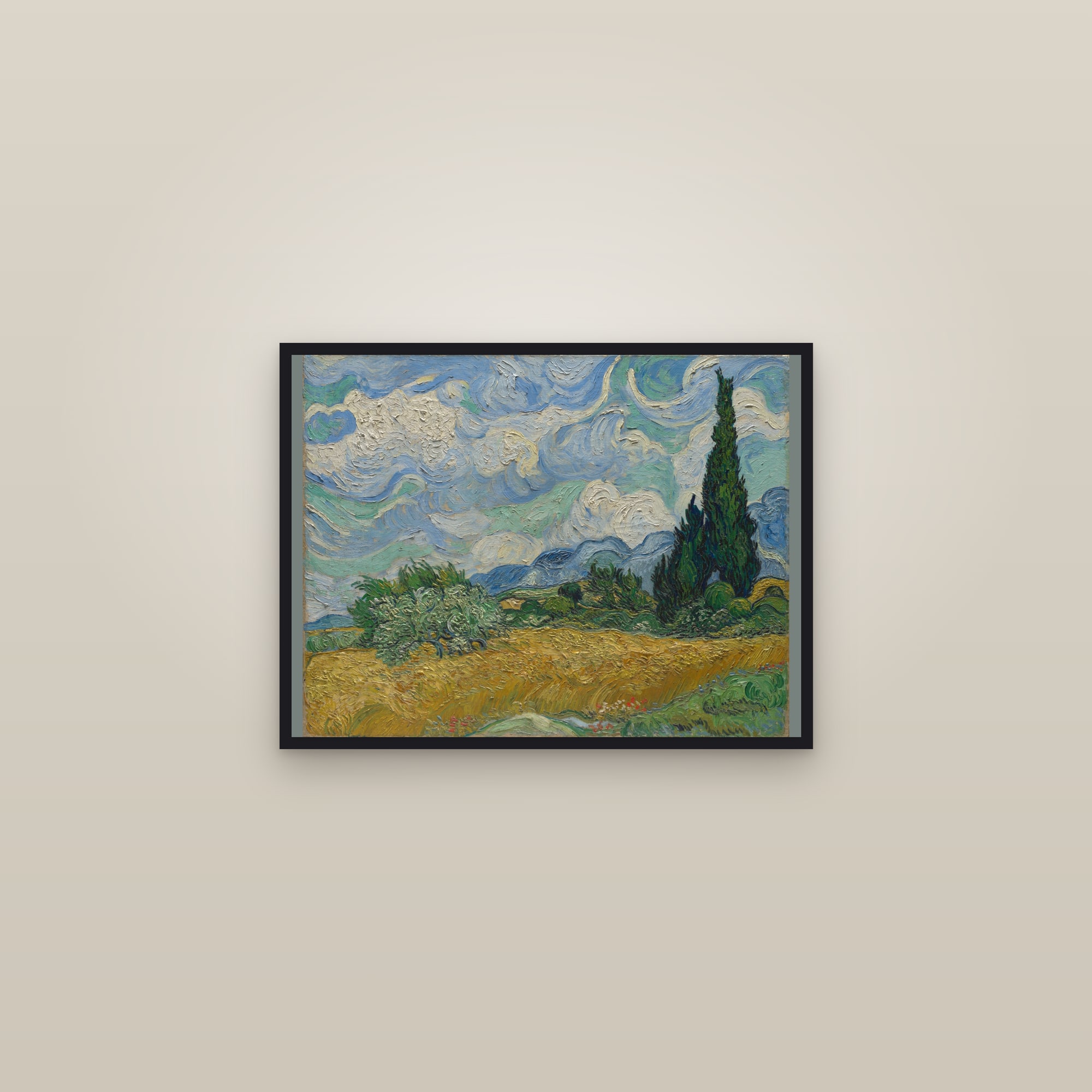 Wheat Field with Cypresses (Full) — Full-Bleed Edition — framed in a gallery setting