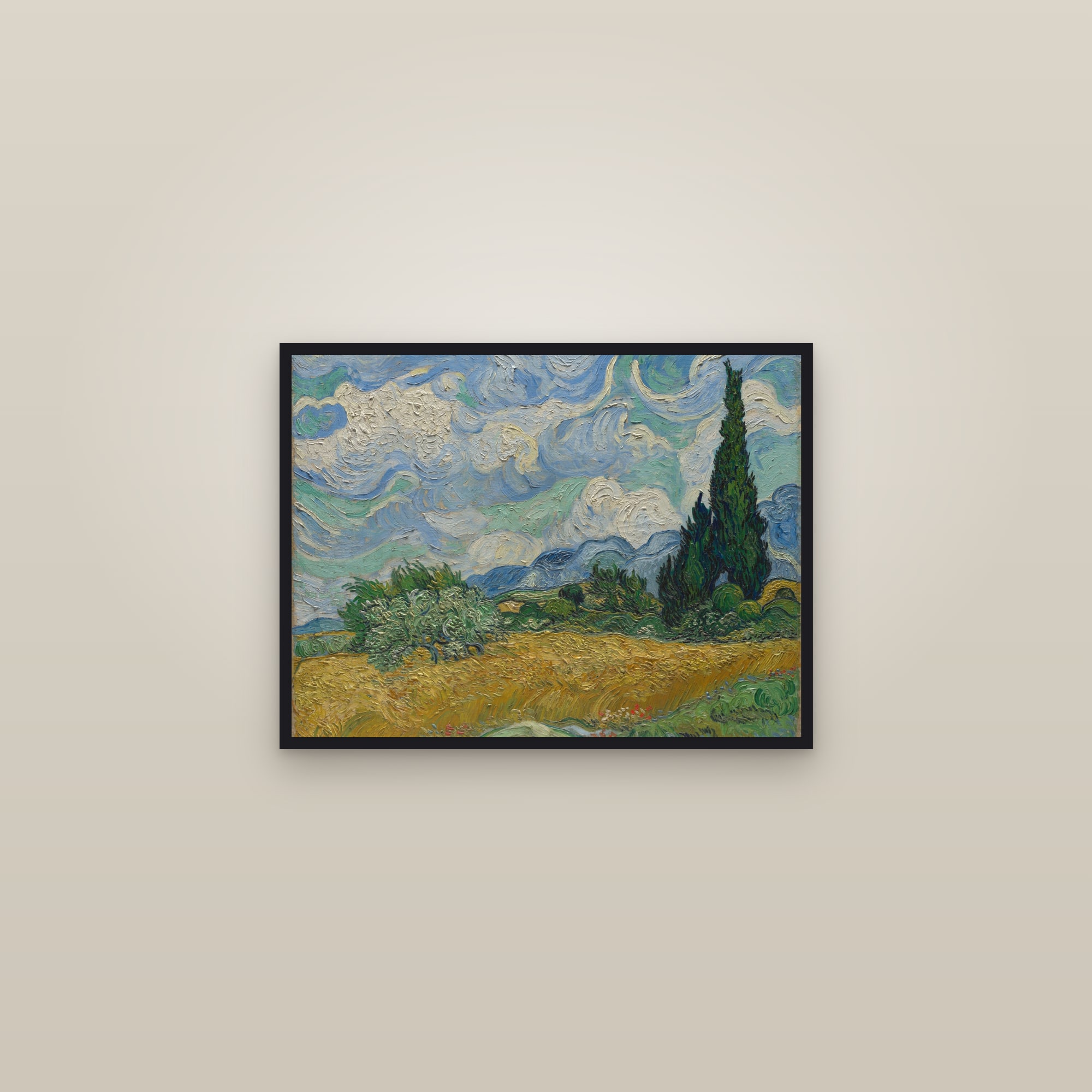 Wheat Field with Cypresses (Full) — Full-Bleed Edition — framed in a gallery setting