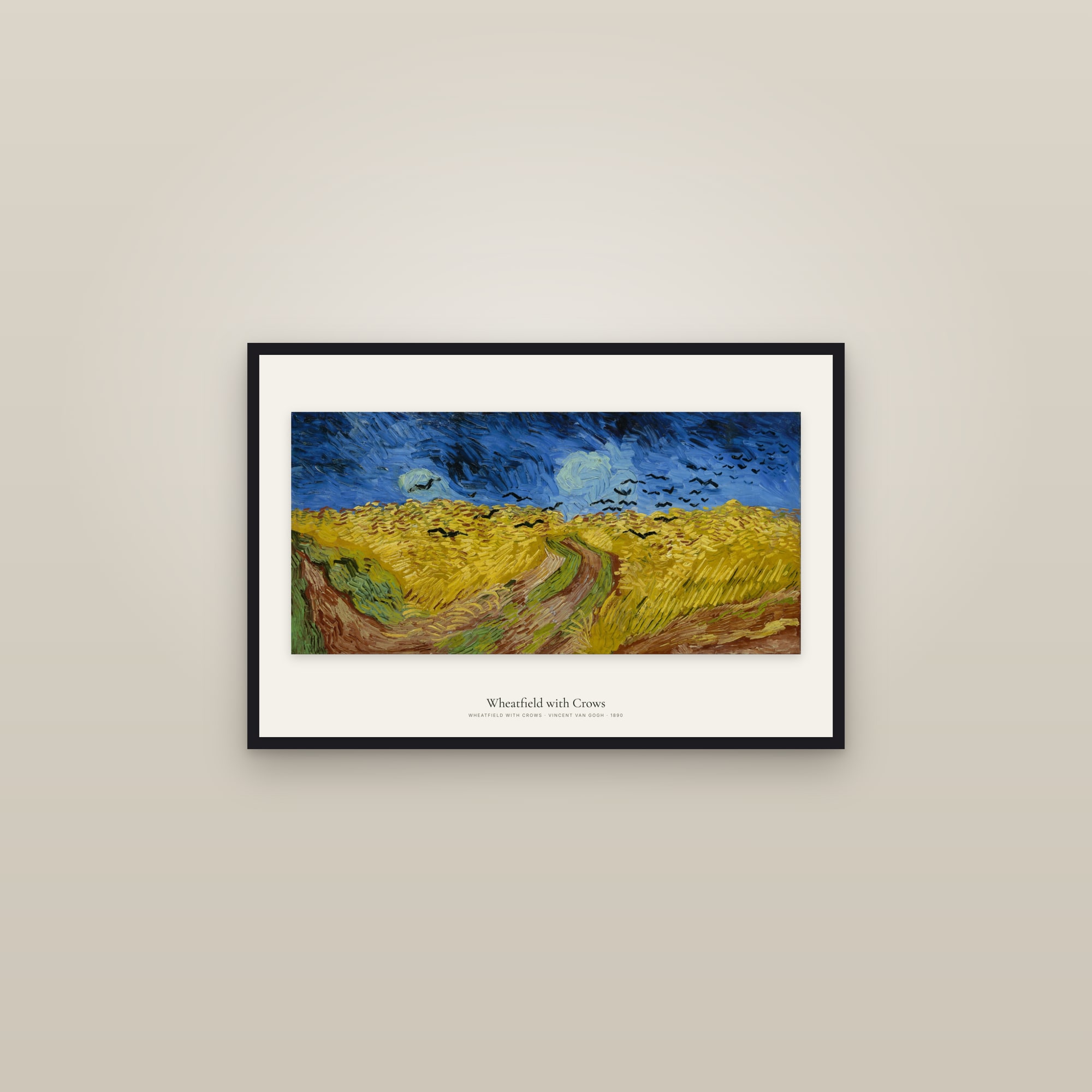 Wheatfield with Crows — framed in a gallery setting