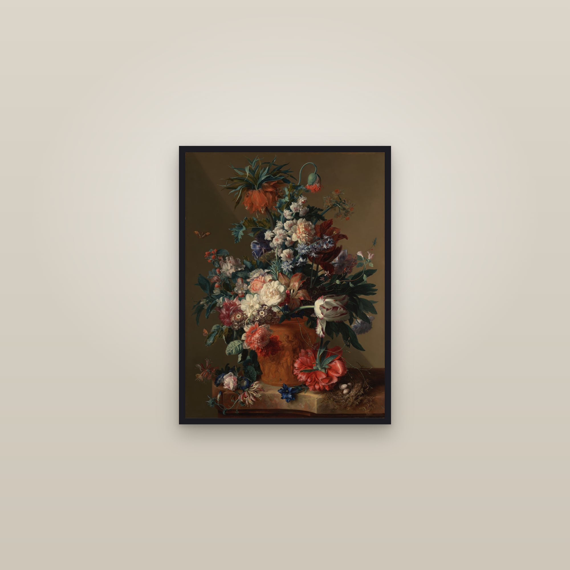Vase of Flowers (Van Huysum Full) — Full-Bleed Edition — framed in a gallery setting