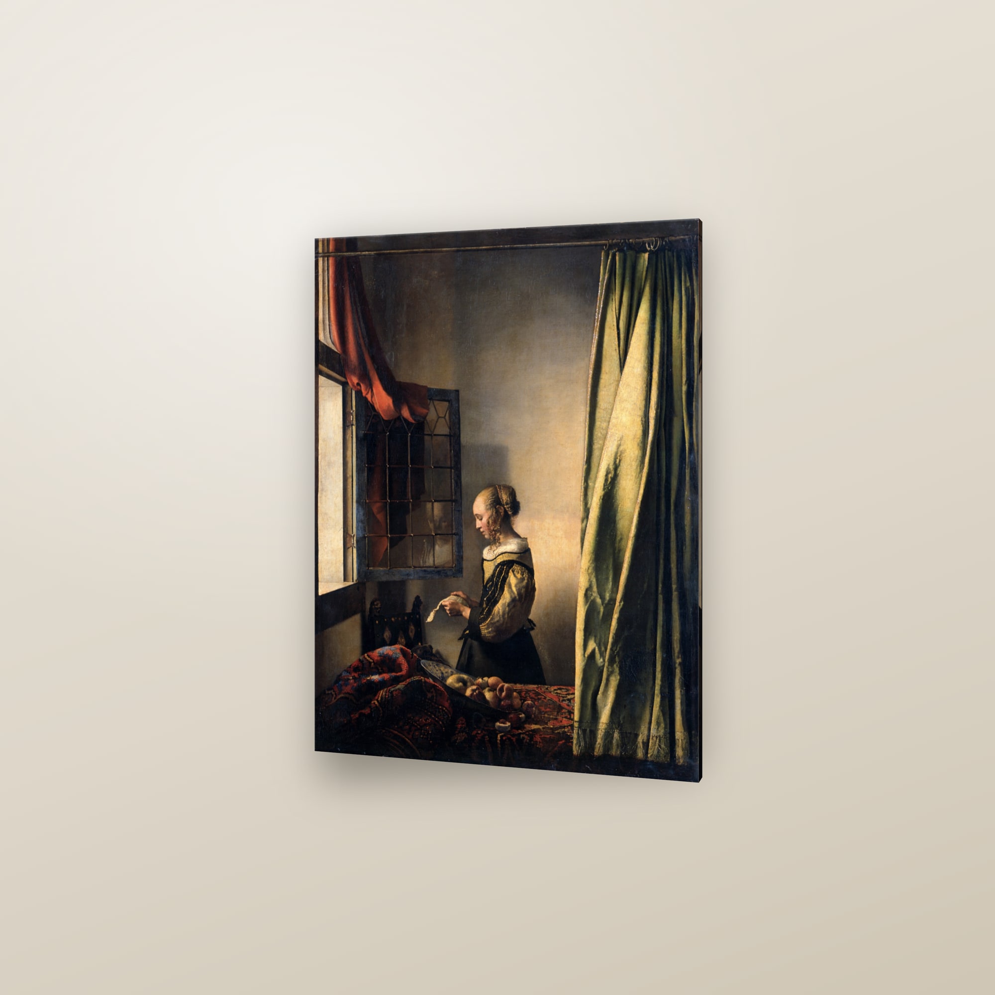Girl Reading a Letter at an Open Window (Full) — Full-Bleed Edition — framed in a gallery setting