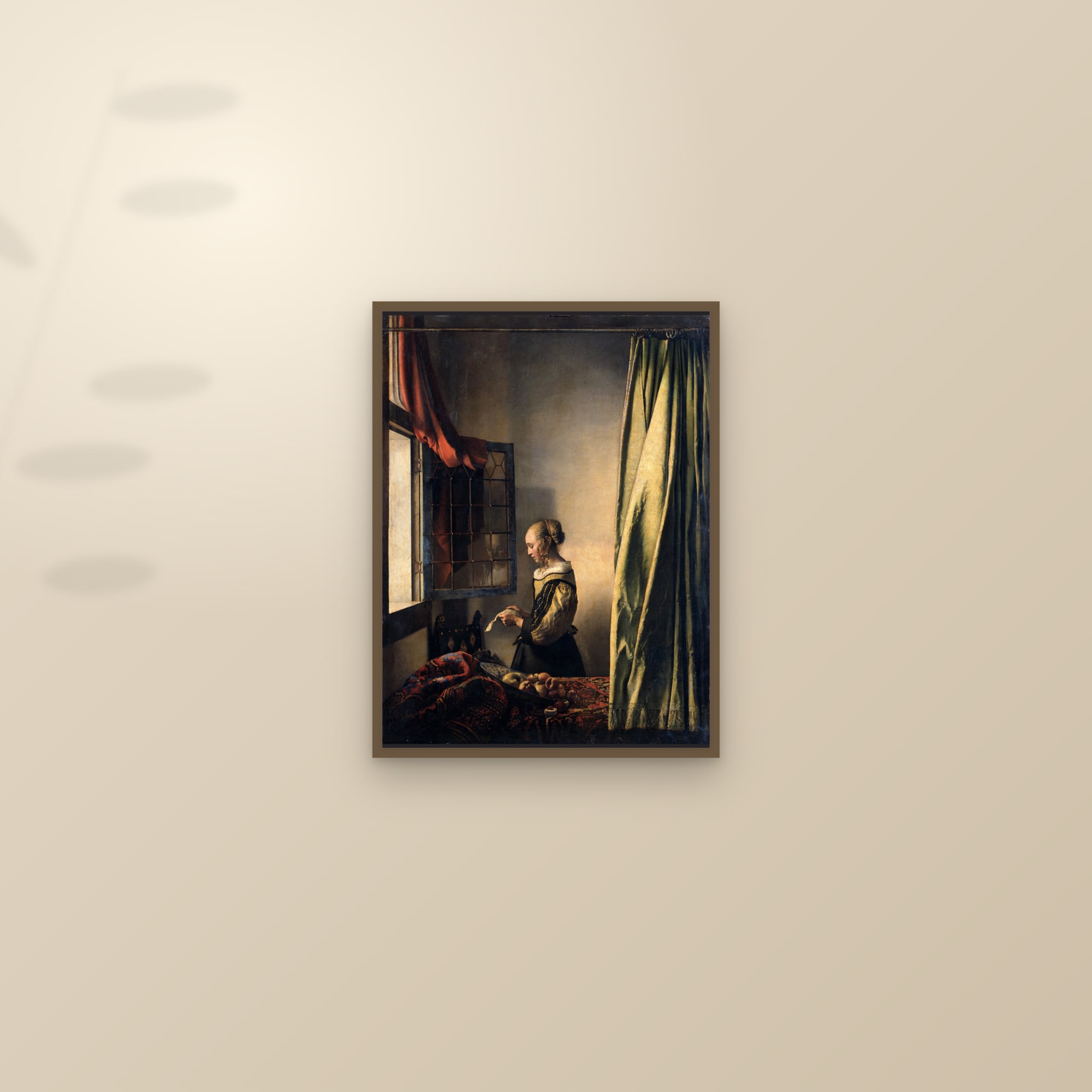 Girl Reading a Letter at an Open Window (Full) — Full-Bleed Edition — framed and styled on a sunlit wall