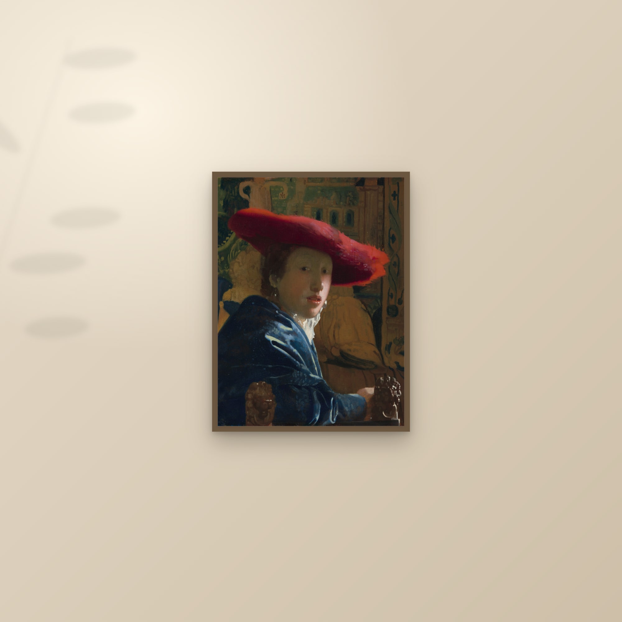Girl with the Red Hat (Full) — Full-Bleed Edition — framed and styled on a sunlit wall