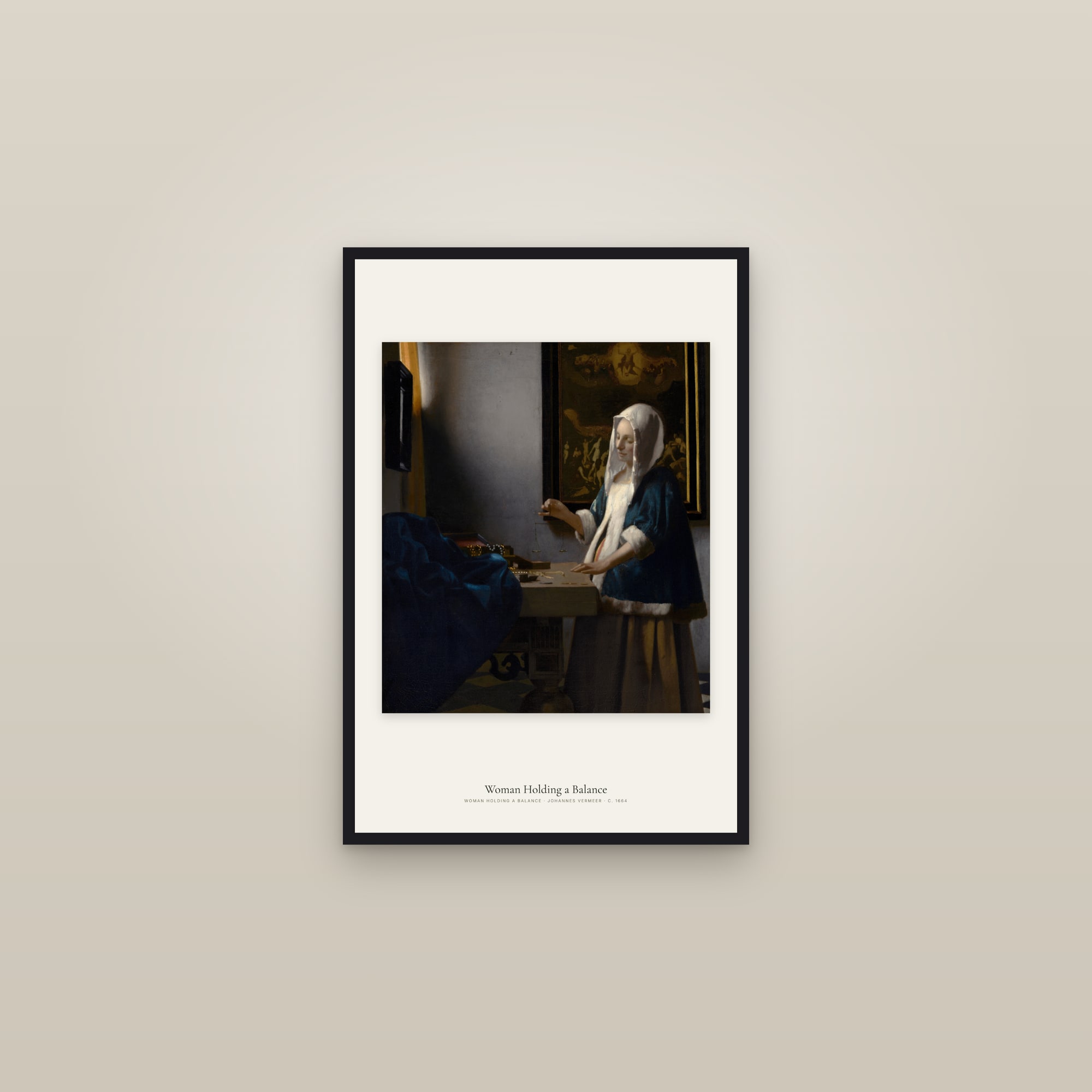 Woman Holding a Balance — framed in a gallery setting