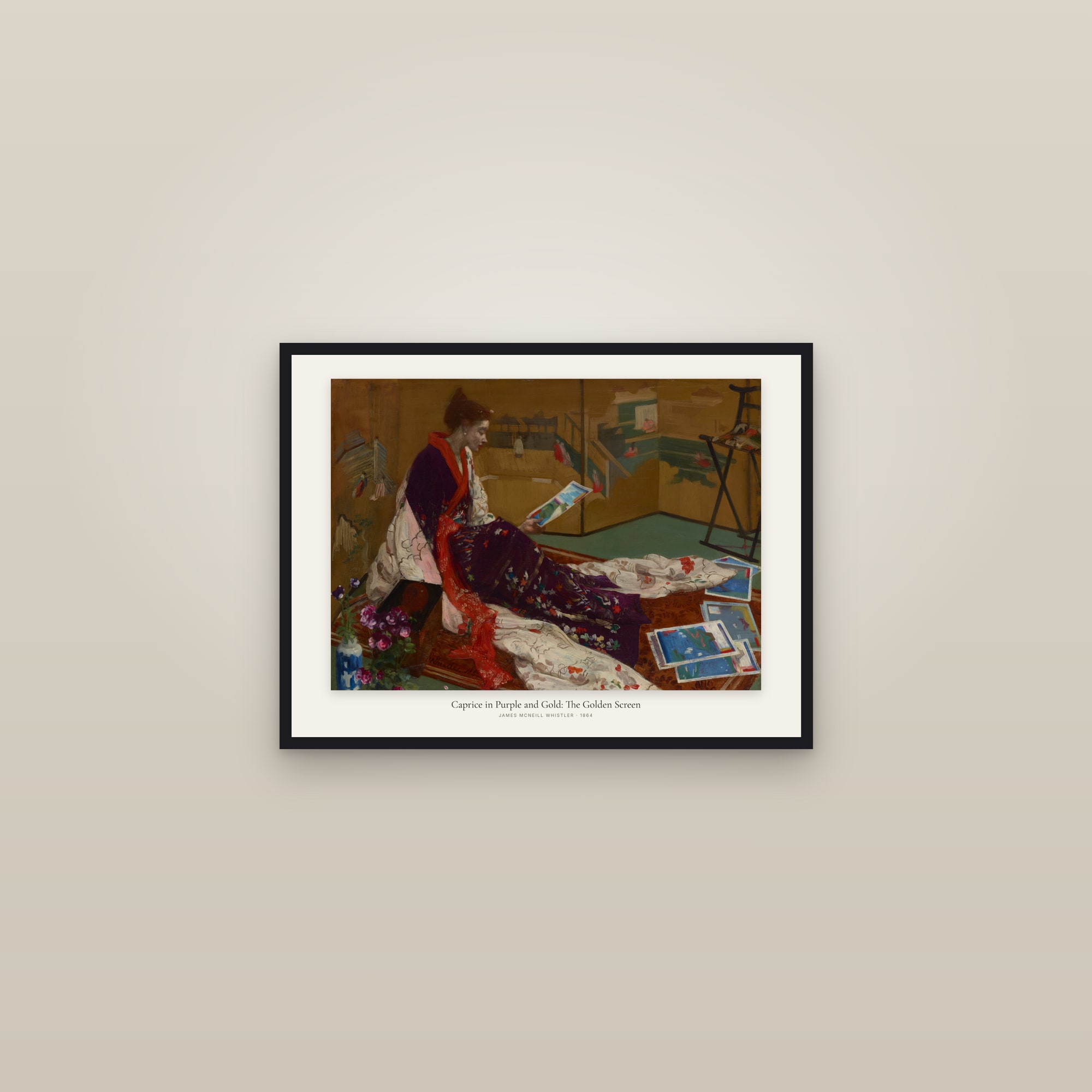 Caprice in Purple and Gold: The Golden Screen — framed in a gallery setting