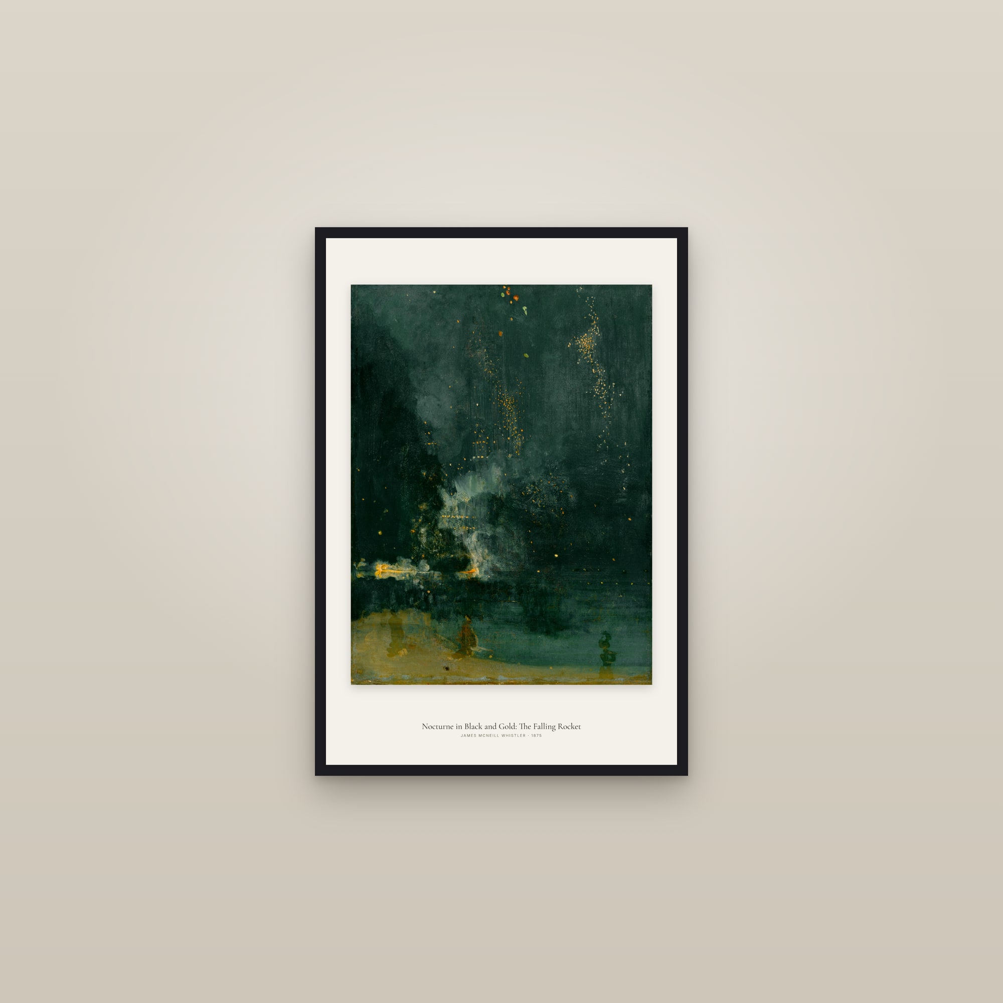 Nocturne in Black and Gold: The Falling Rocket — framed in a gallery setting