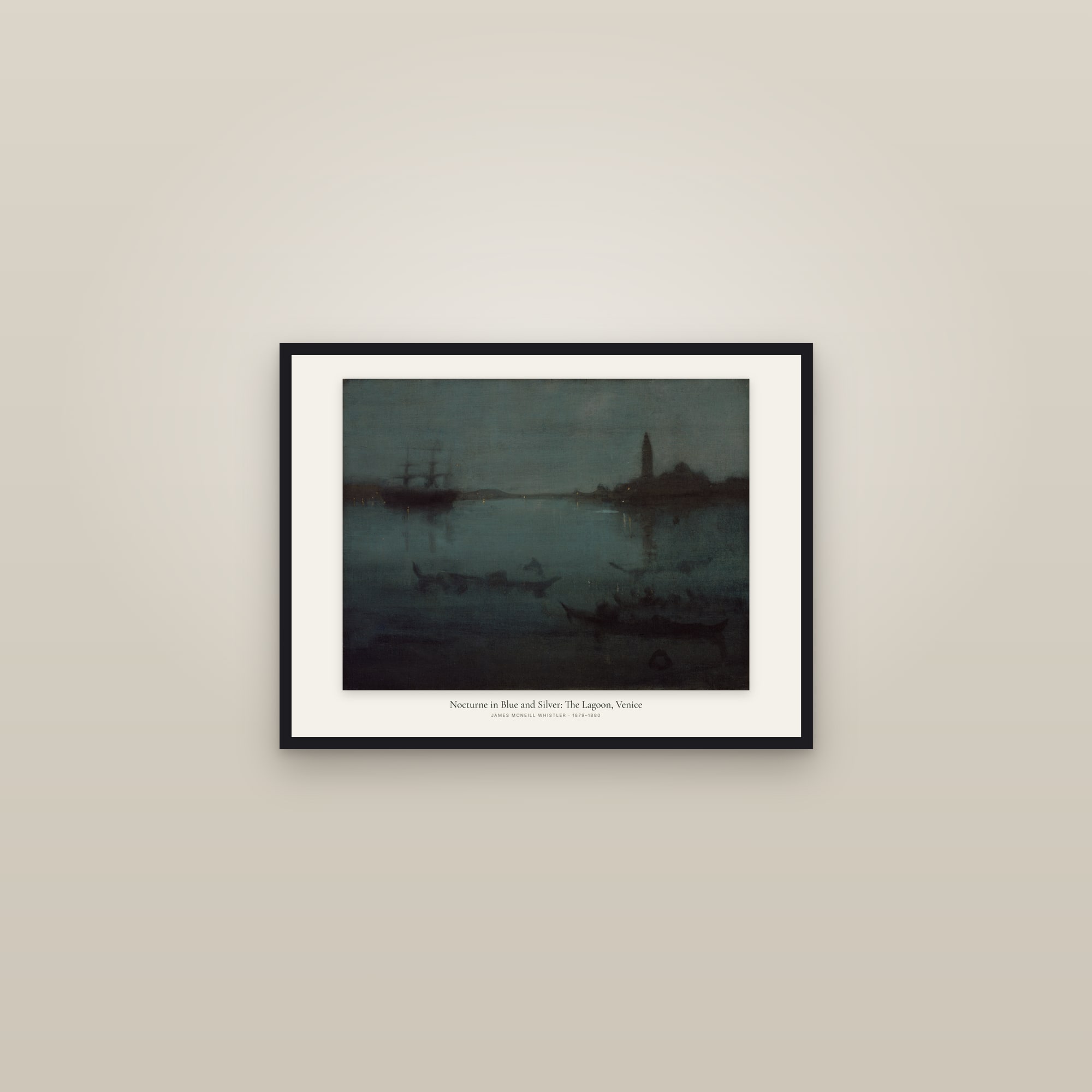 Nocturne in Blue and Silver: The Lagoon, Venice — framed in a gallery setting