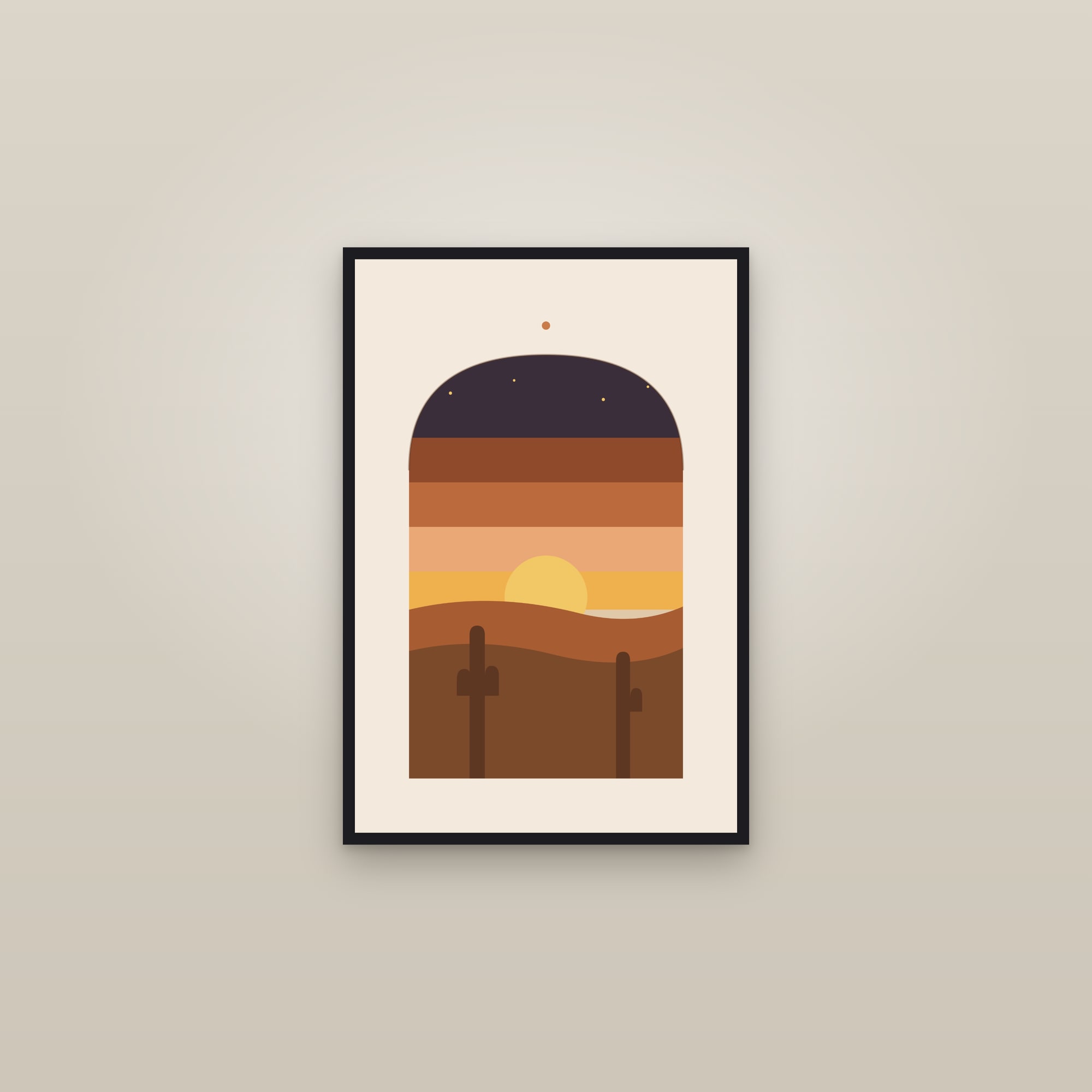 Desert Dusk Print — Boho Saguaro Sunset — framed in a gallery setting