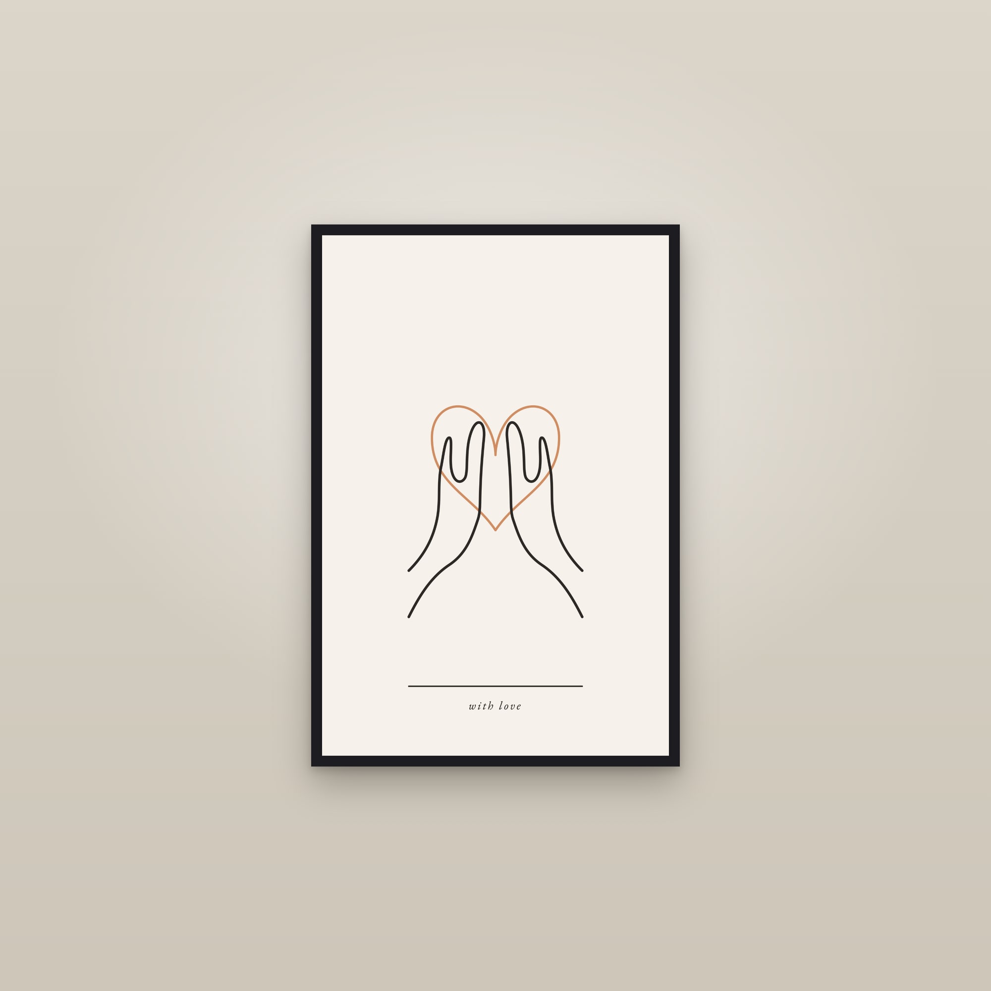 Line Art Heart Hands Print — With Love — framed in a gallery setting