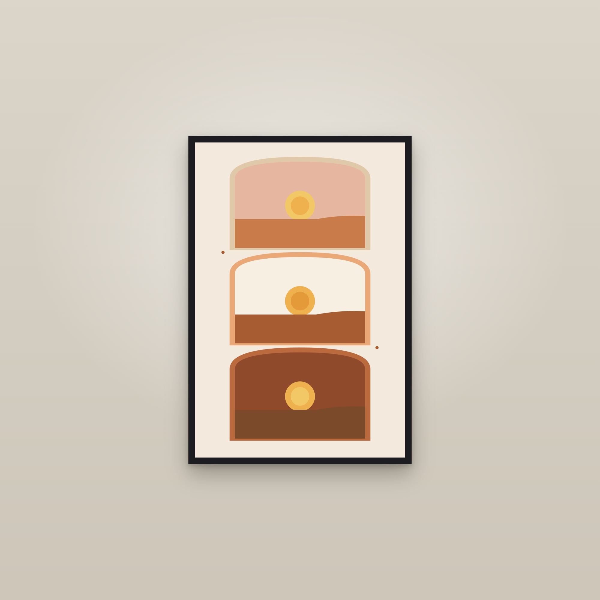 Three Suns Print — Boho Sunset Triptych — framed in a gallery setting