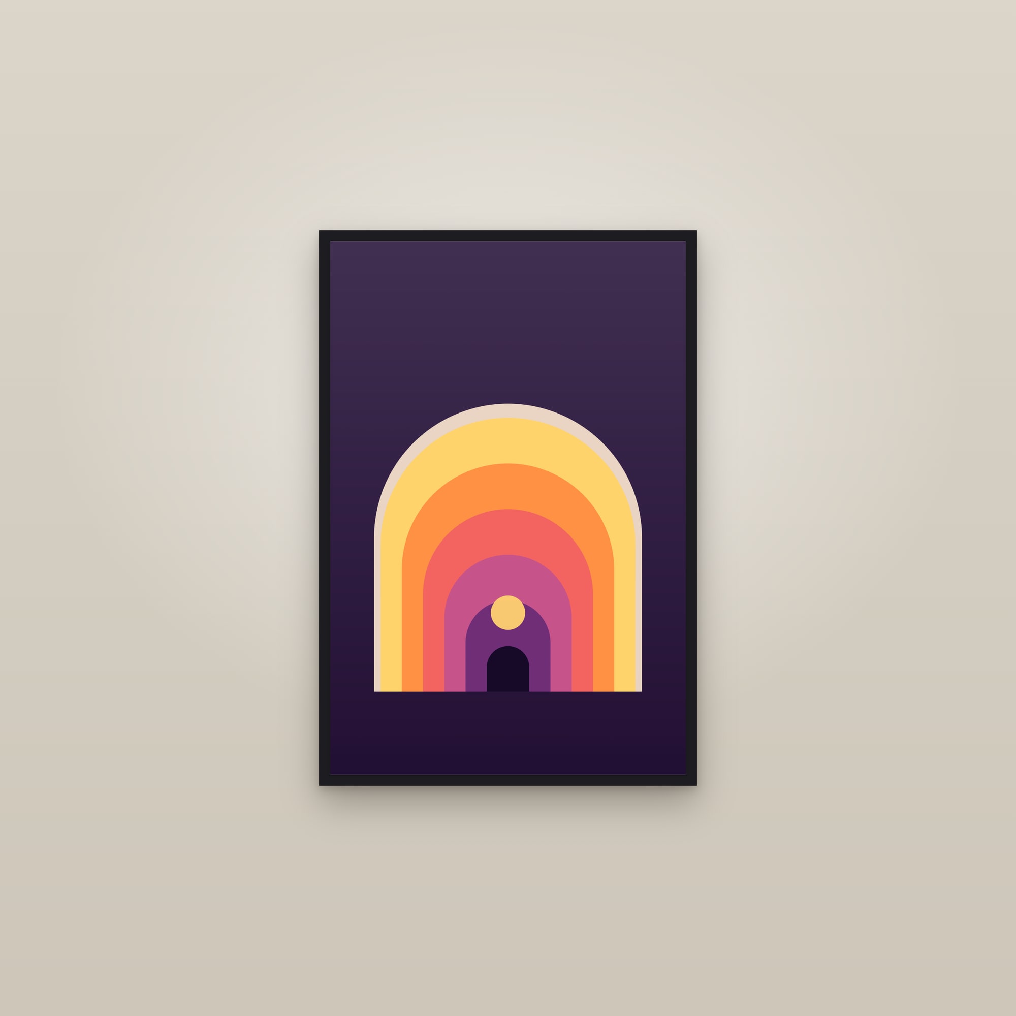 Sunset Arch Art Print — Bold Mid-Century Arch Poster · Modern Wall Art — framed in a gallery setting