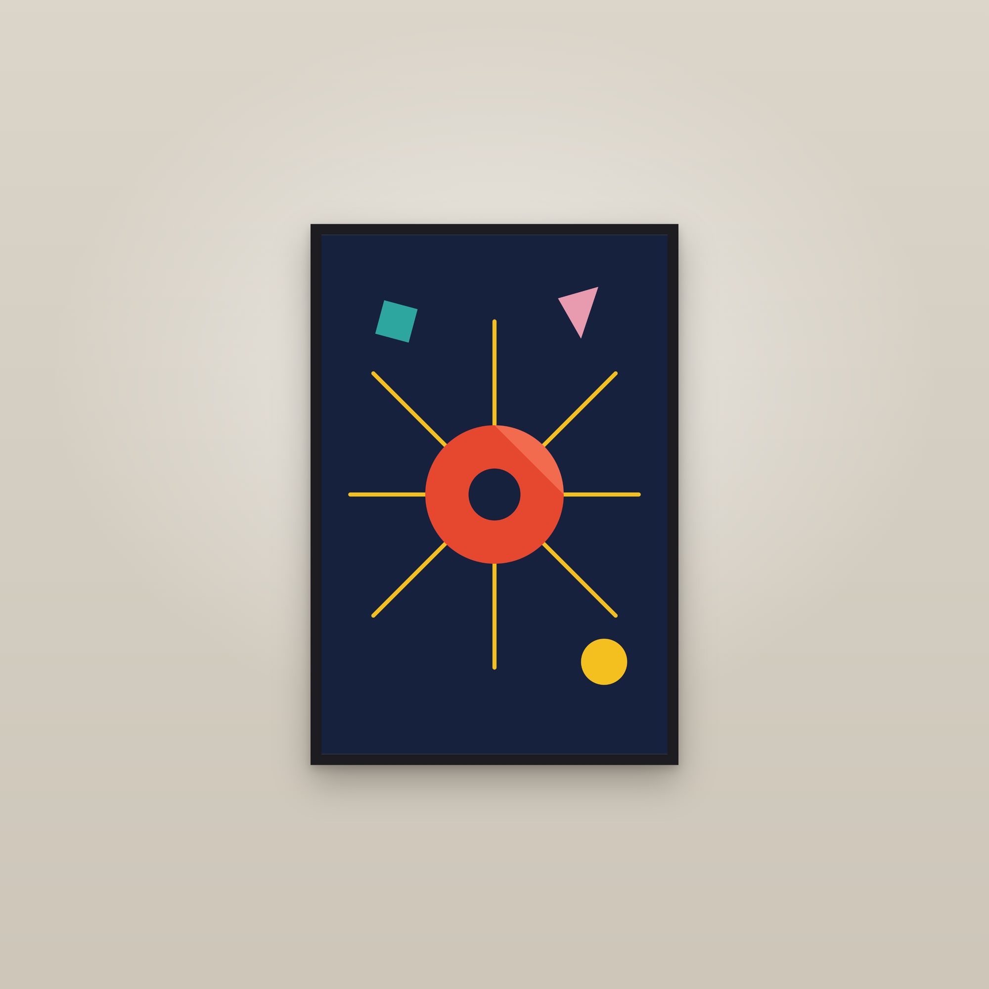 Bauhaus Sunburst Art Print — Radial Geometric Poster · Bold Mid-Century Wall Art — framed in a gallery setting