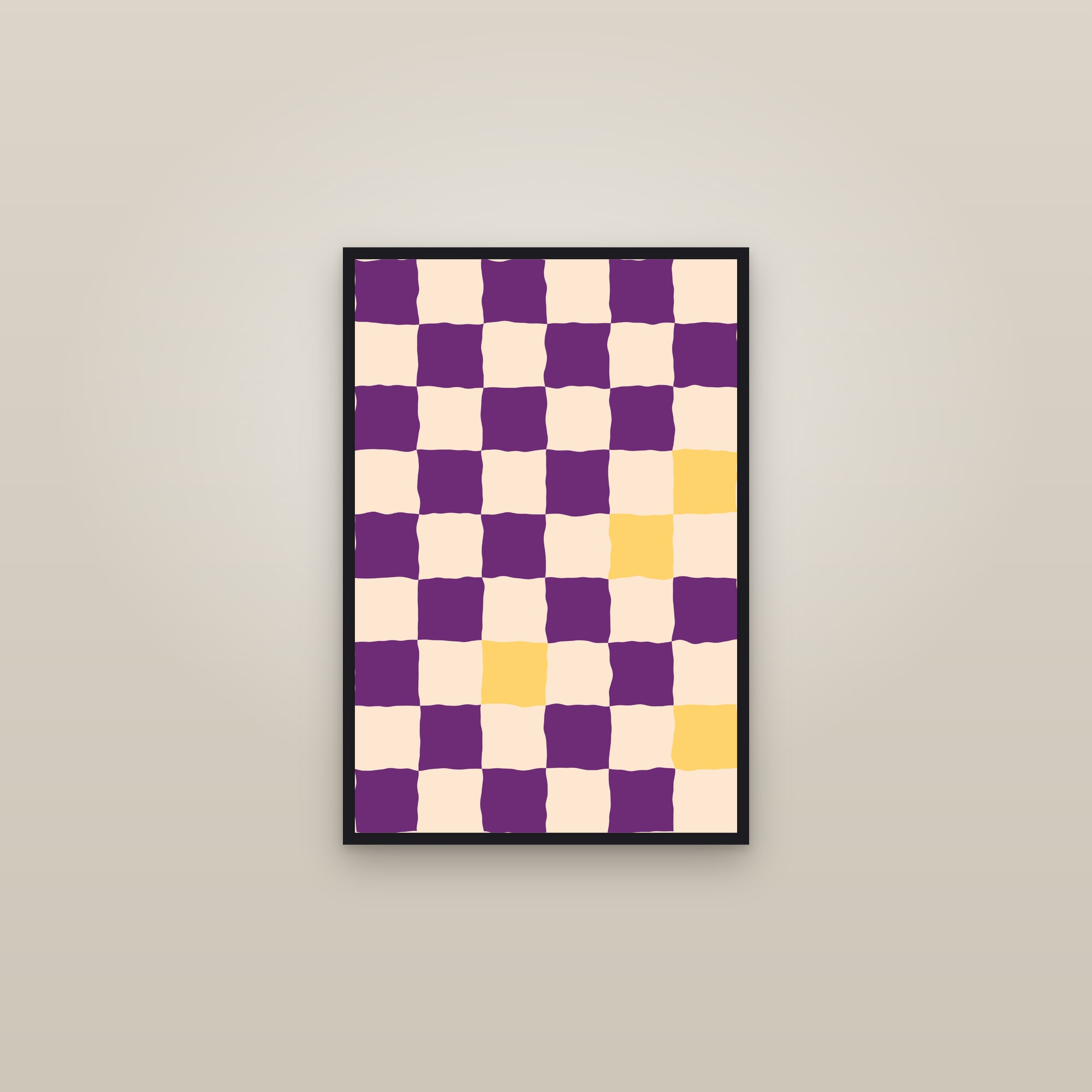 Sunset Wavy Checkerboard Art Print — Bold Bold Checkered Poster · Modern Wall Art — framed in a gallery setting