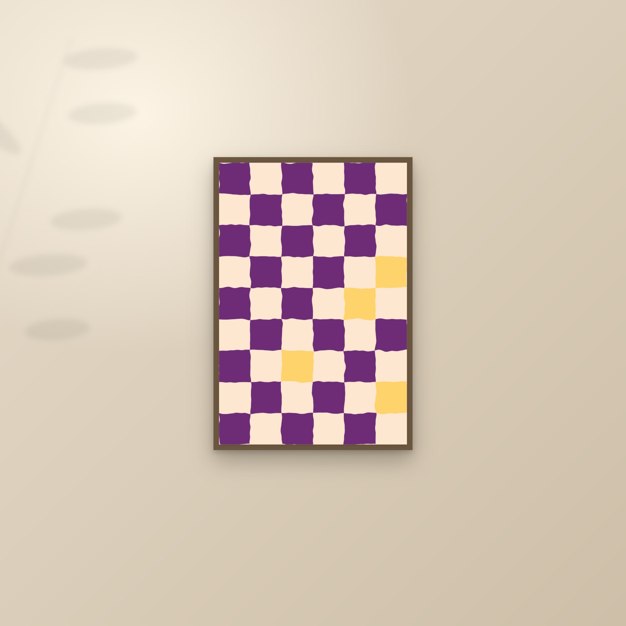 Sunset Wavy Checkerboard Art Print — Bold Bold Checkered Poster · Modern Wall Art — framed and styled on a sunlit wall