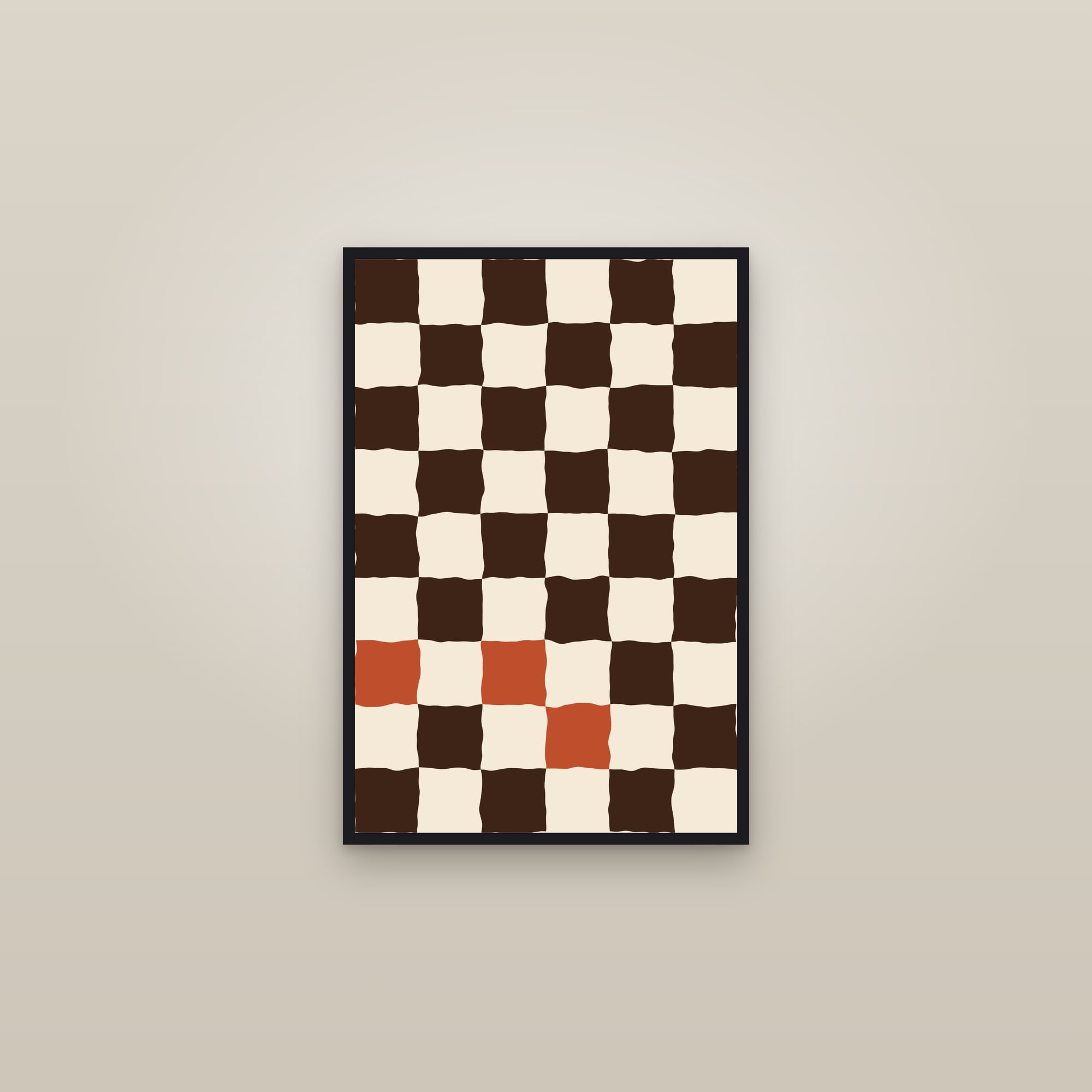 Terracotta Wavy Checkerboard Art Print — Bold Bold Checkered Poster · Modern Wall Art — framed in a gallery setting