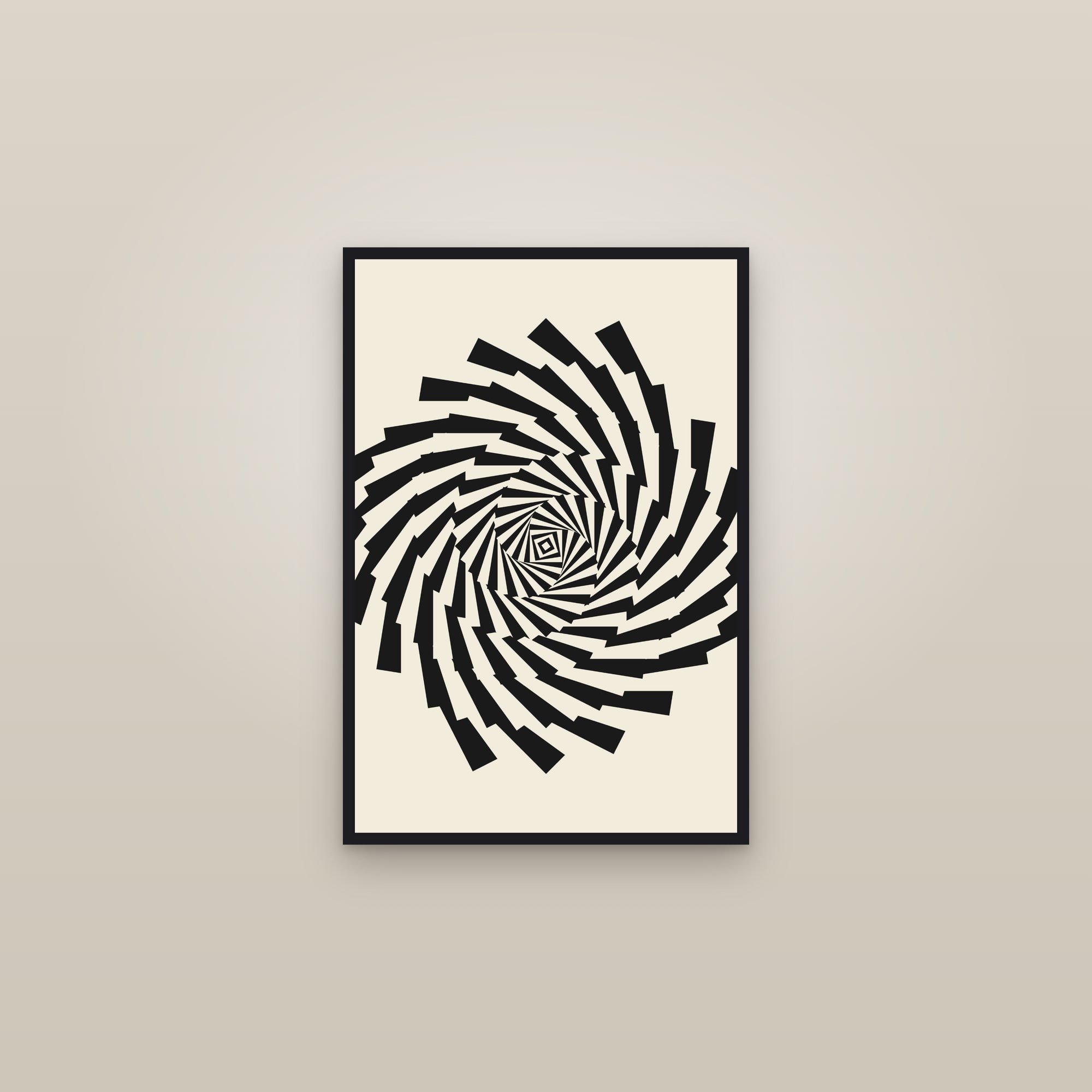 Ink Op Art Spiral Art Print — Bold Optical Illusion Poster · Modern Wall Art — framed in a gallery setting
