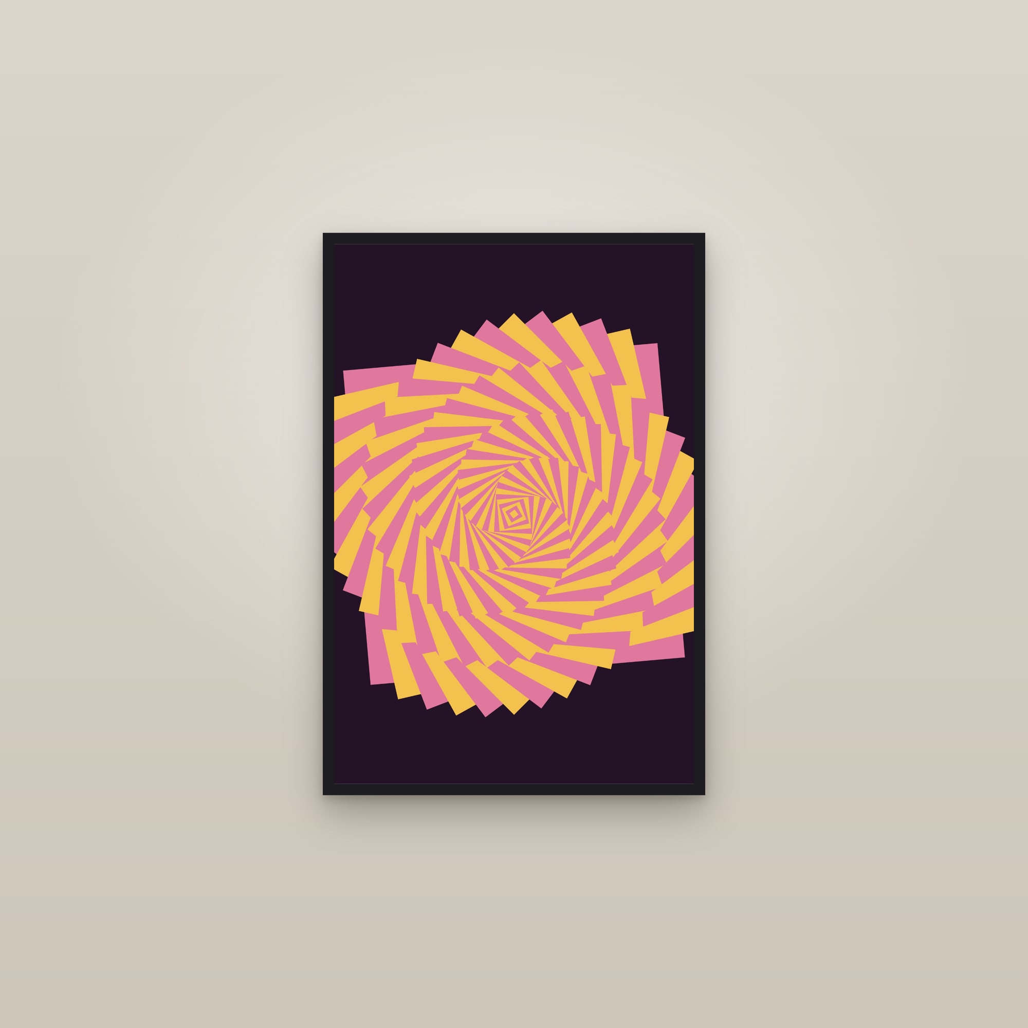 Plum Op Art Spiral Art Print — Bold Optical Illusion Poster · Modern Wall Art — framed in a gallery setting