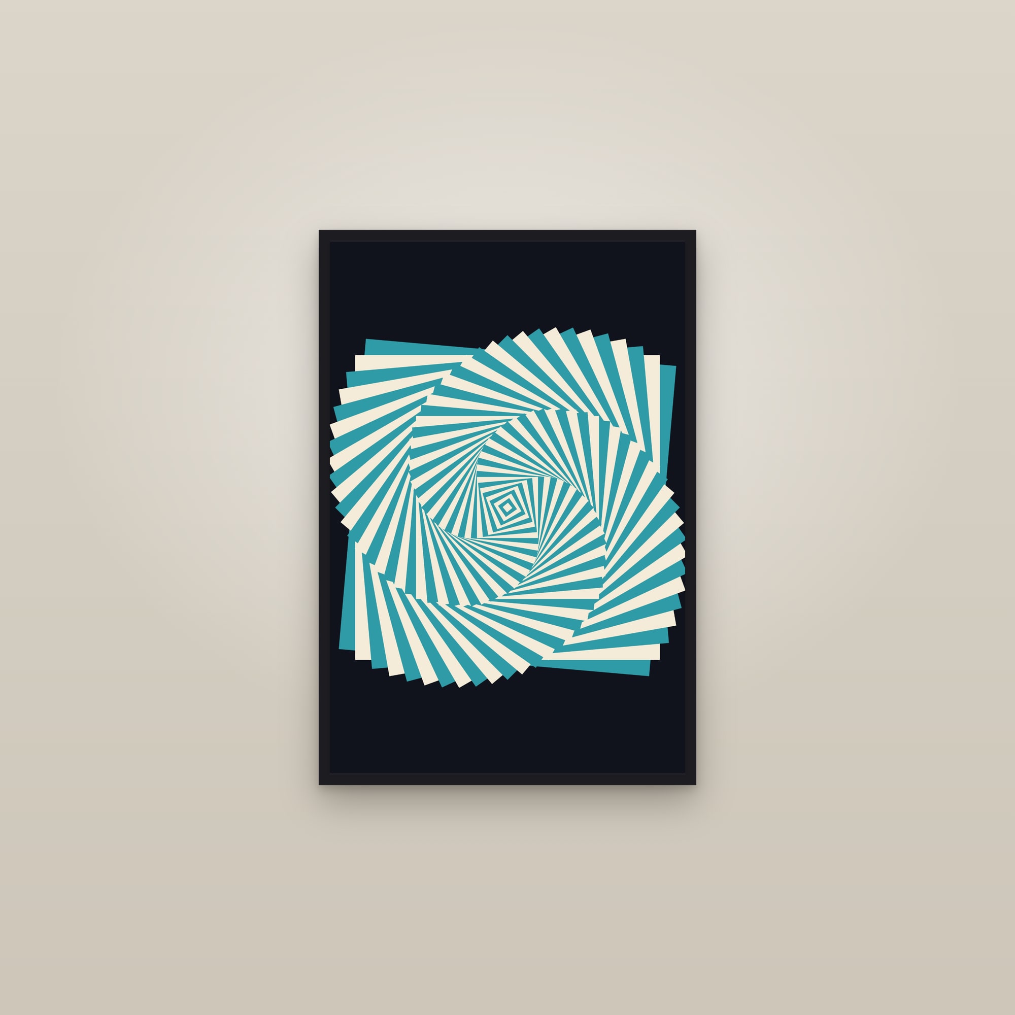 Teal Op Art Spiral Art Print — Bold Optical Illusion Poster · Modern Wall Art — framed in a gallery setting