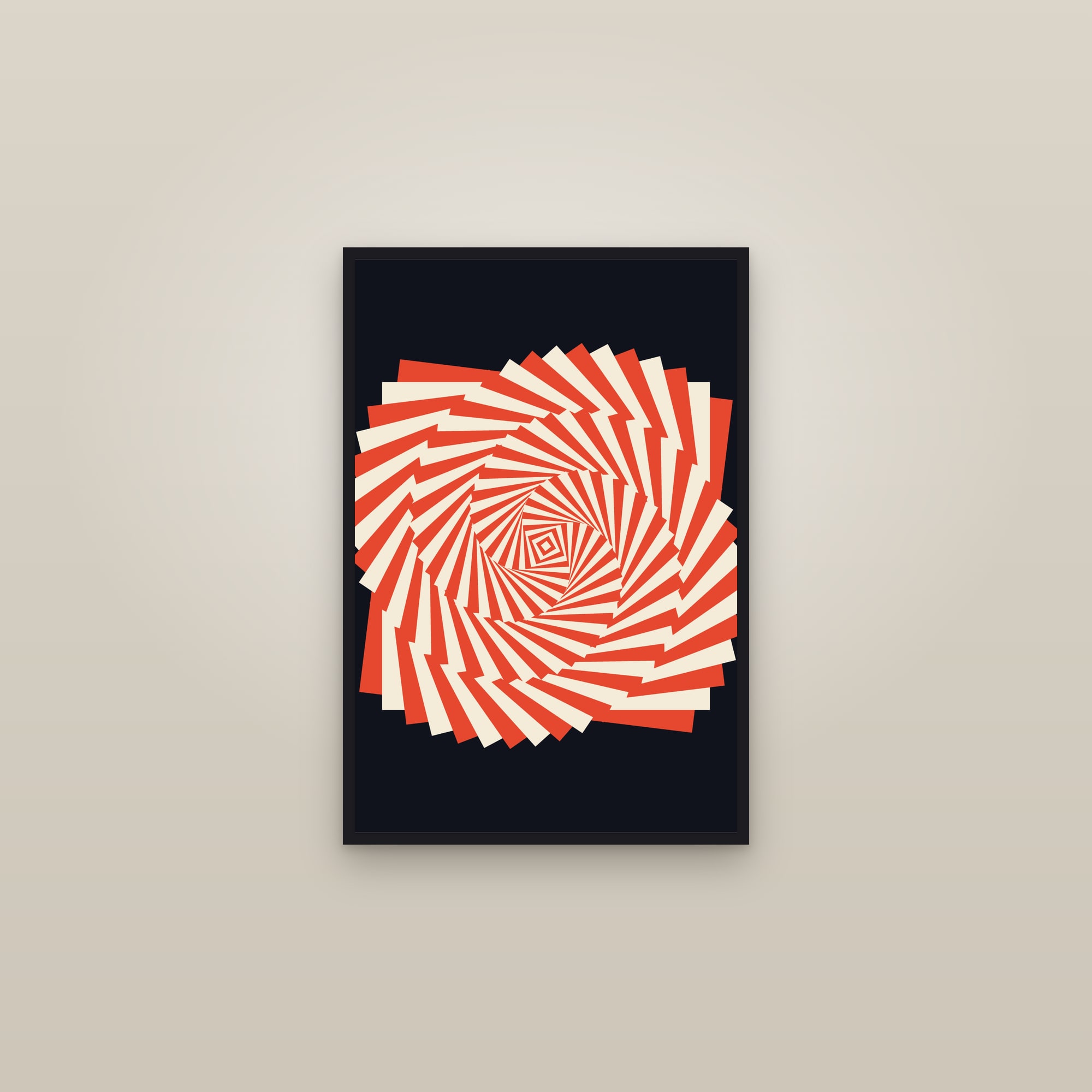 Op Art Spiral Art Print — Optical Illusion Poster · Bold Black & White Wall Art — framed in a gallery setting