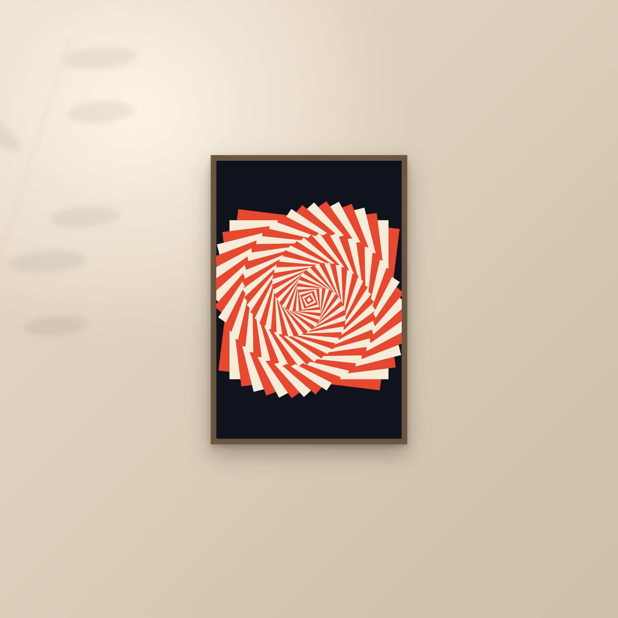 Op Art Spiral Art Print — Optical Illusion Poster · Bold Black & White Wall Art — framed and styled on a sunlit wall