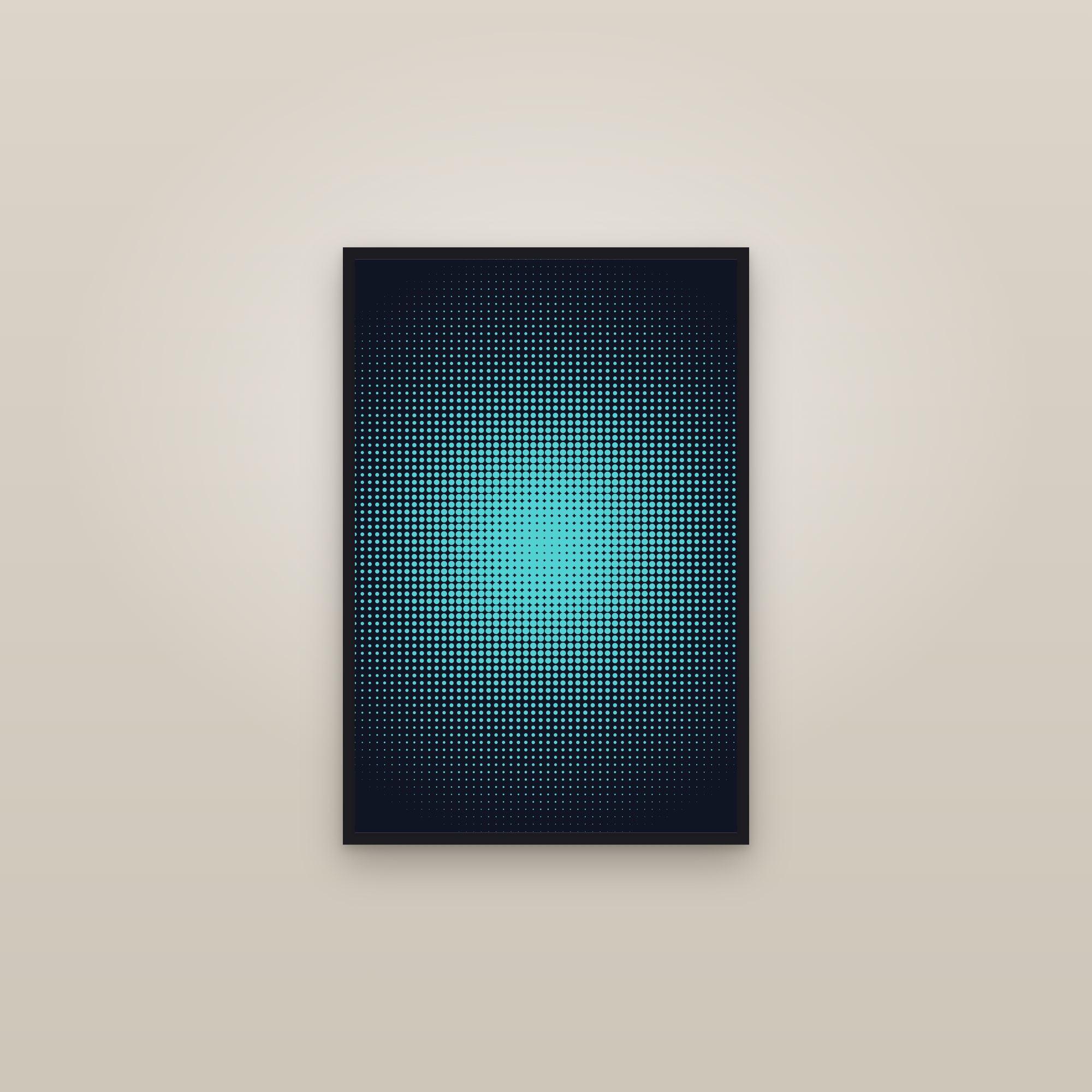 Aqua Halftone Dot Art Print — Bold Pop Art Poster · Modern Wall Art — framed in a gallery setting