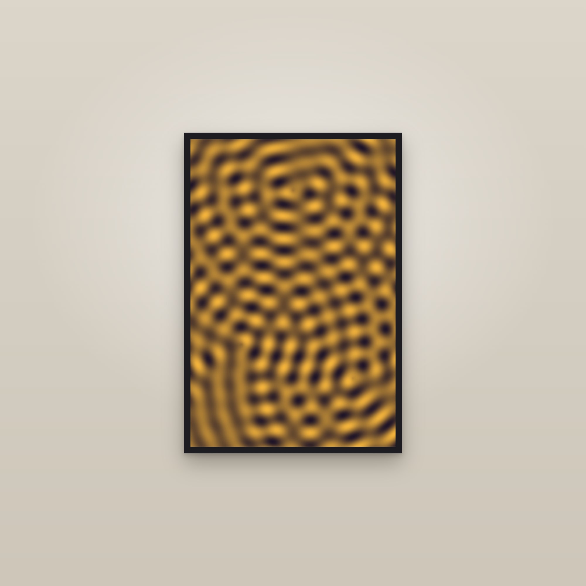Gold Moiré Interference Art Print — Bold Op Art Poster · Modern Wall Art — framed in a gallery setting