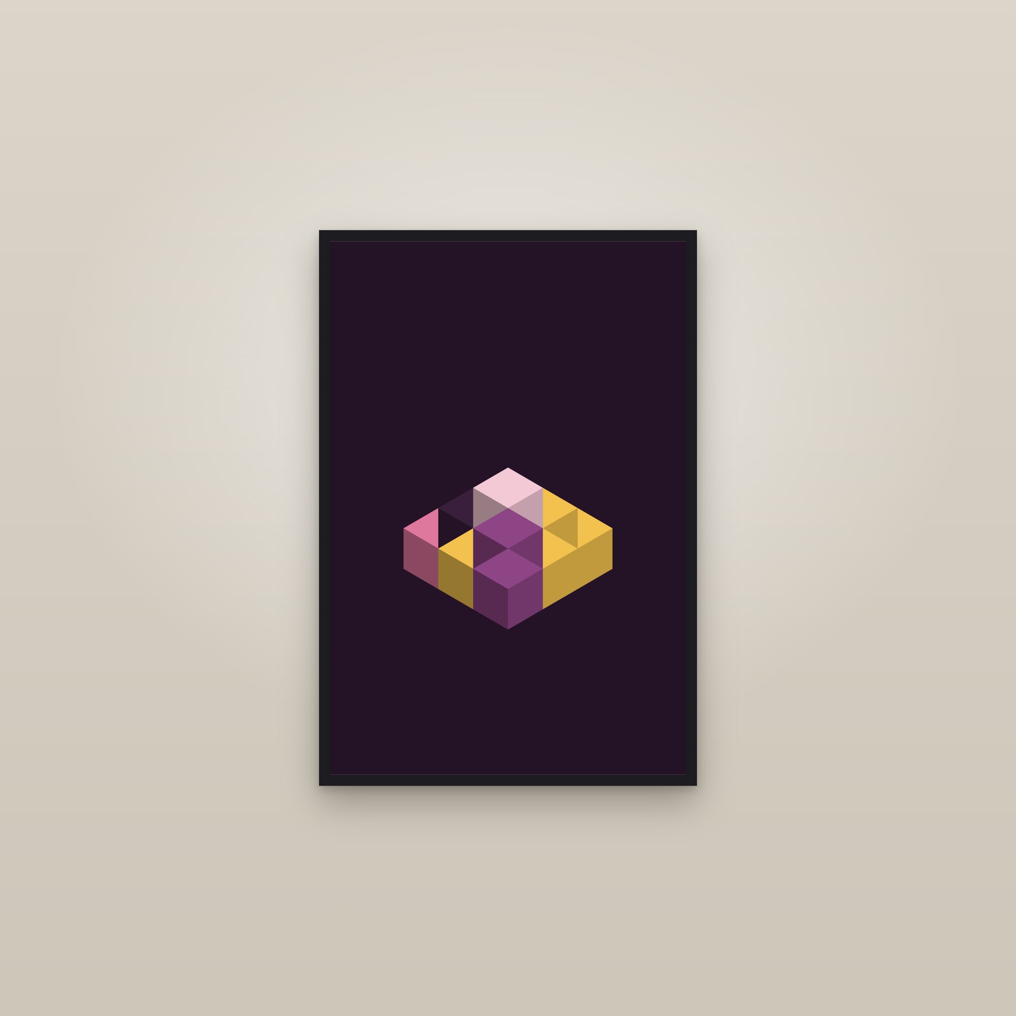 Plum Isometric Cubes Art Print — Bold 3D Geometric Poster · Modern Wall Art — framed in a gallery setting